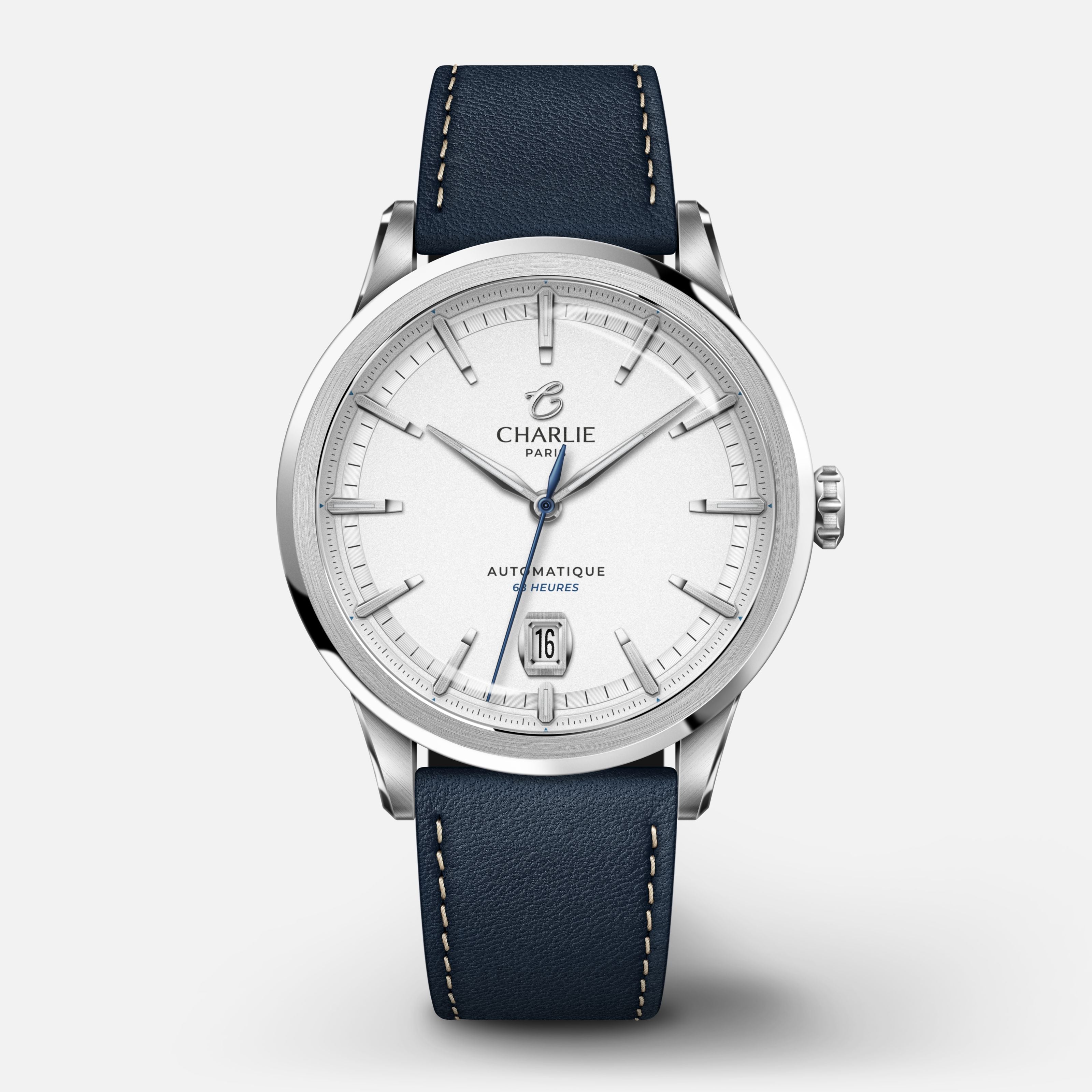 ALLIANCE - Automatique 68H - Blanc Montres CHARLIE Cuir bleu