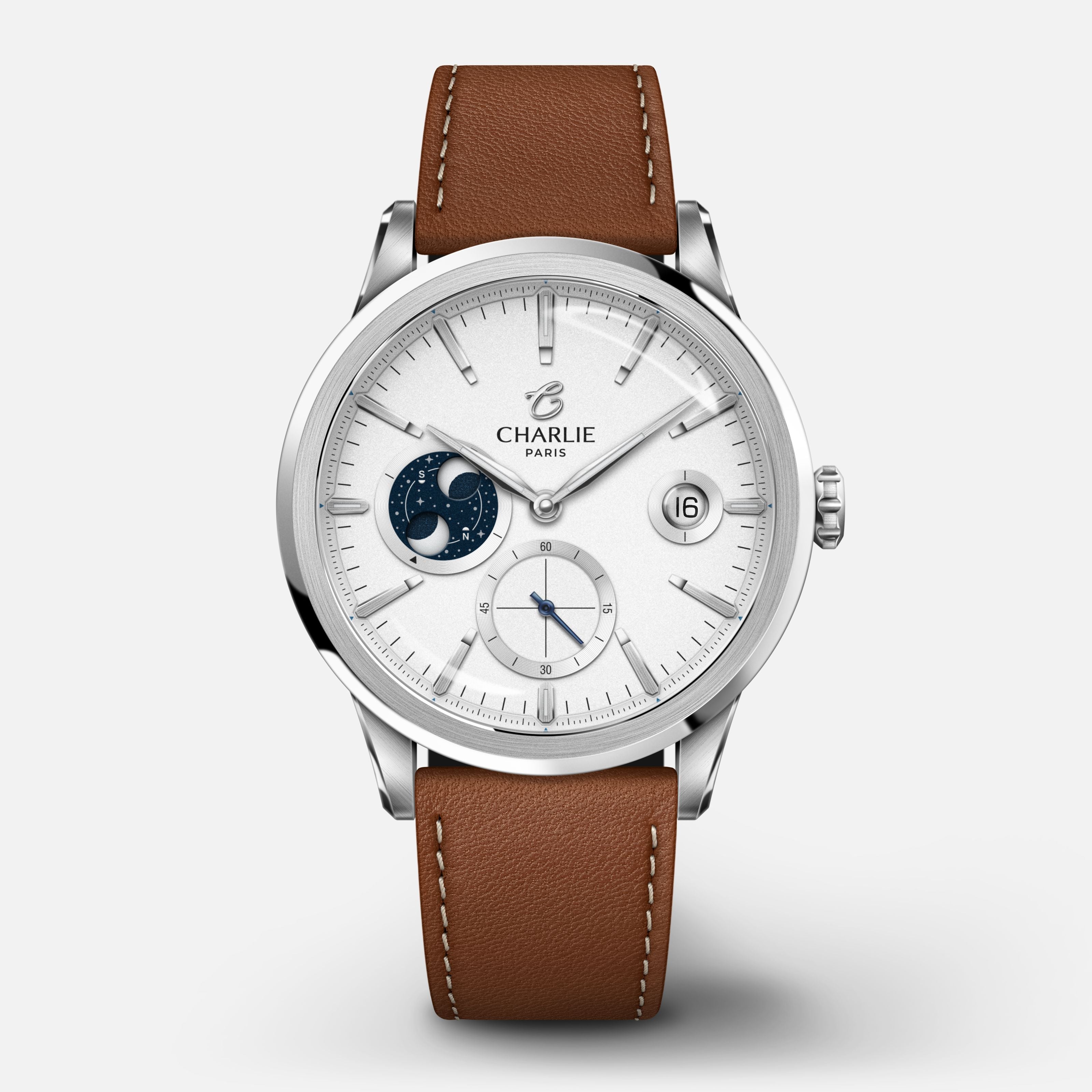 ALLIANCE - Automatique phase de lune - Blanc Montres CHARLIE Cuir marron