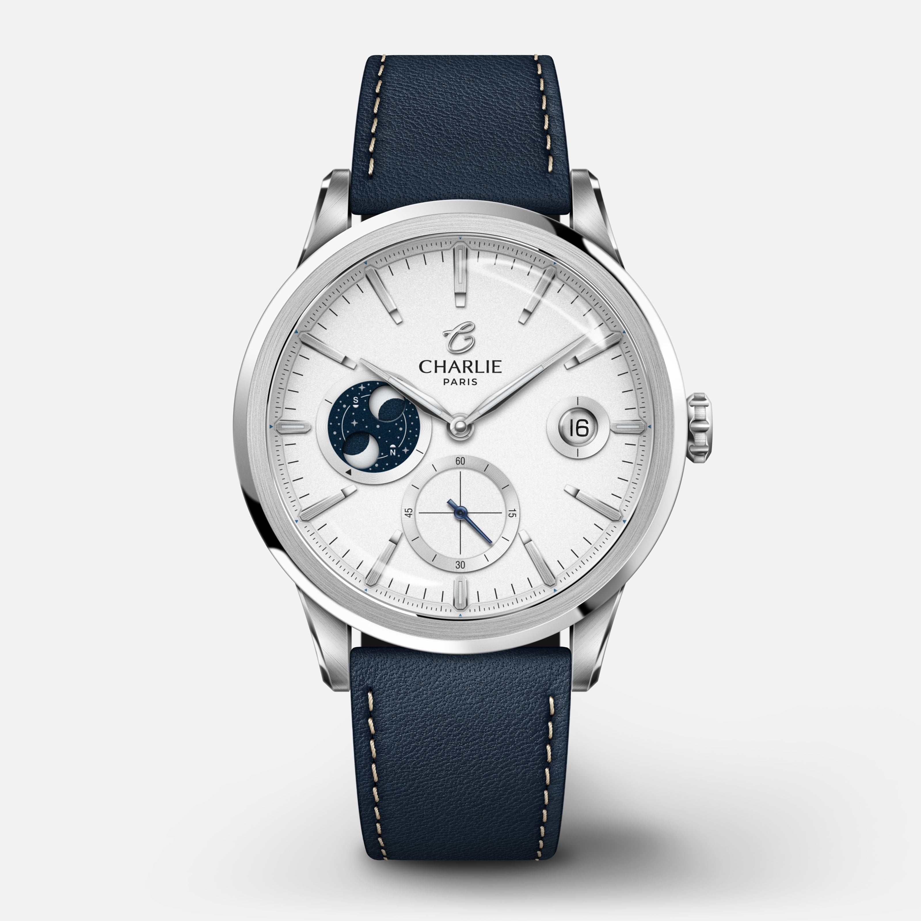ALLIANCE - Automatique phase de lune - Blanc Montres CHARLIE Cuir bleu
