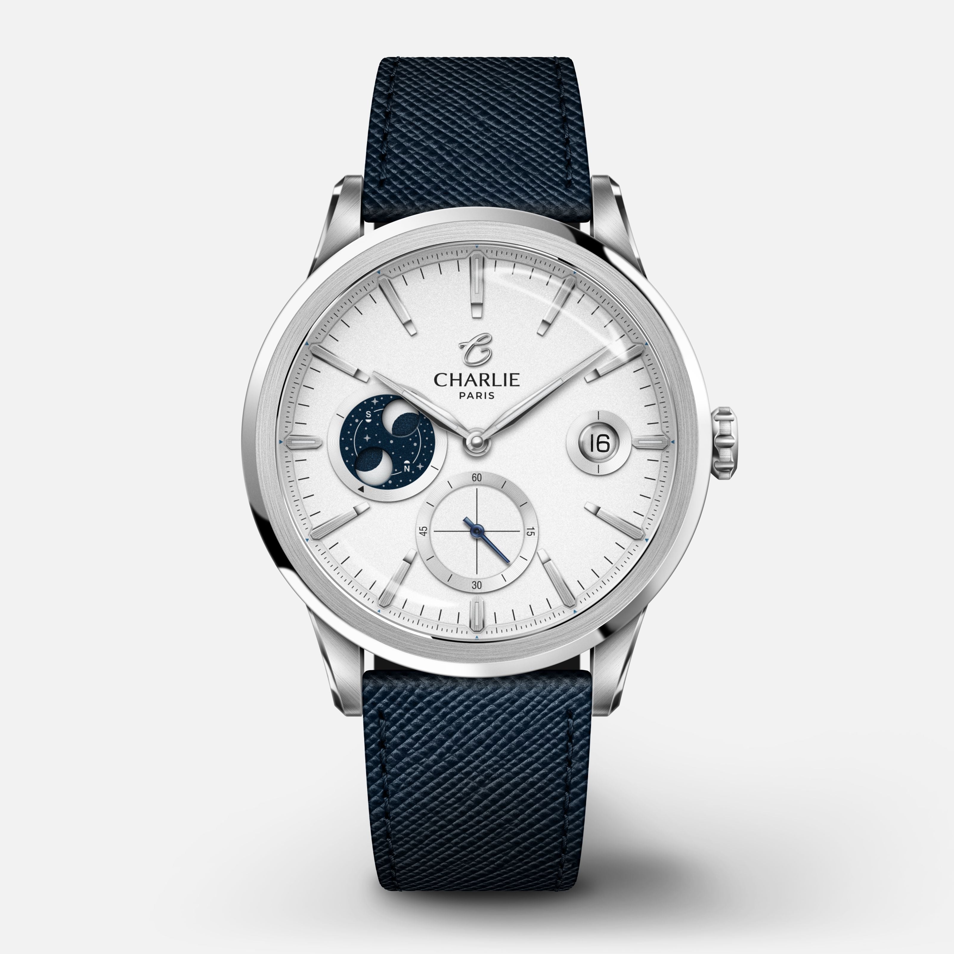 ALLIANCE - Automatique phase de lune - Blanc Montres CHARLIE Cuir saffiano bleu