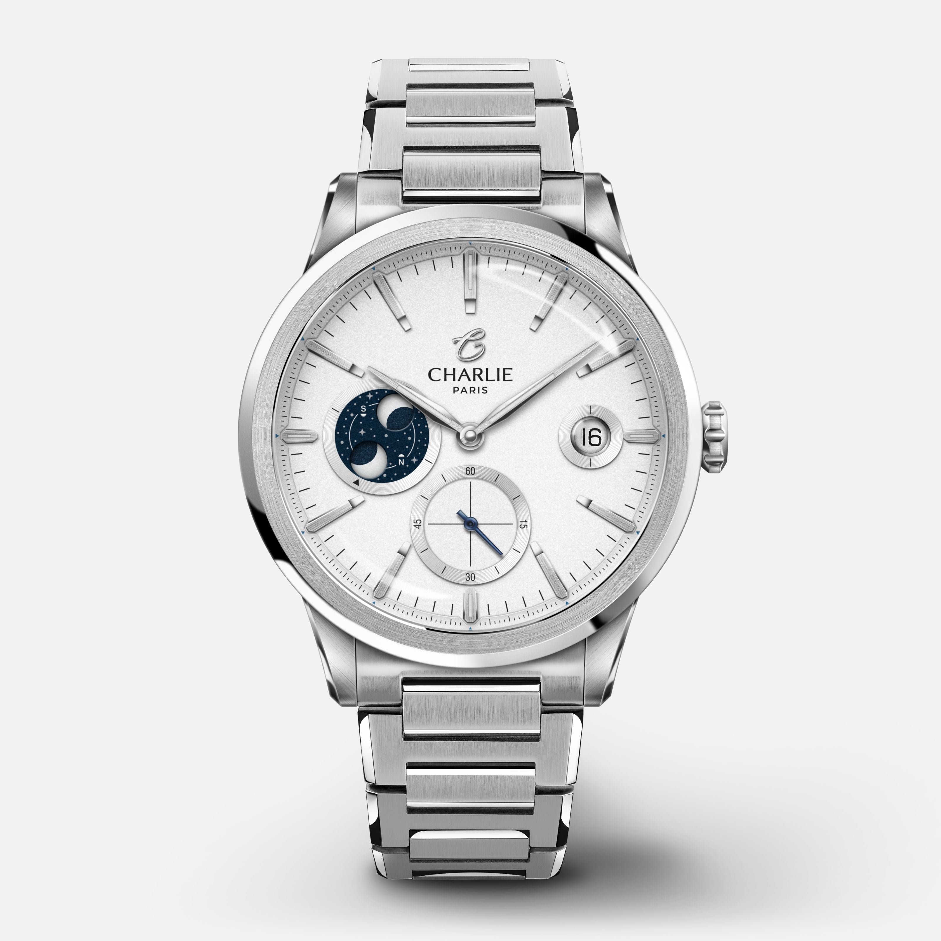 ALLIANCE - Automatique phase de lune - Blanc Montres CHARLIE Bracelet acier