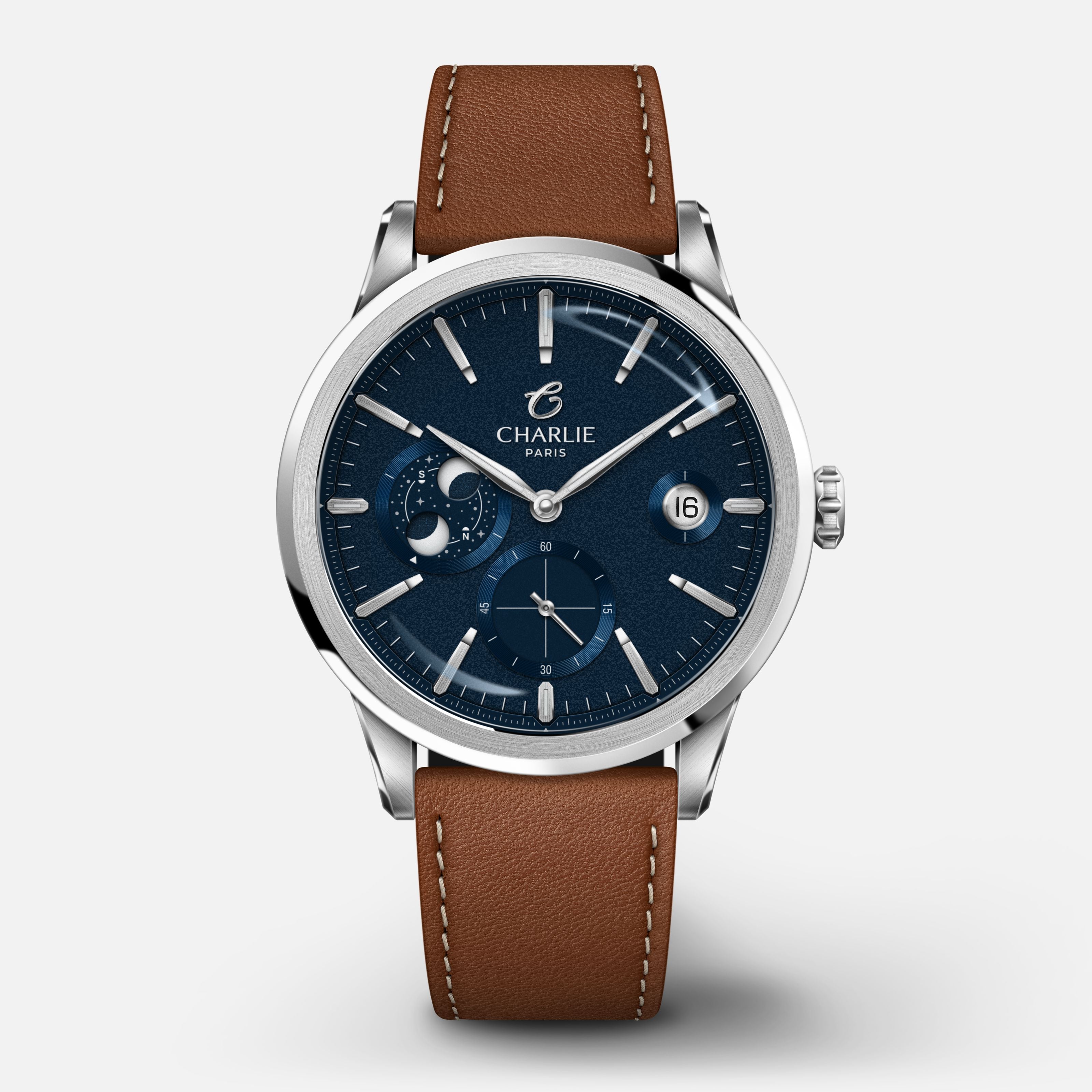ALLIANCE - Automatique phase de lune - Bleu Montres CHARLIE Cuir marron