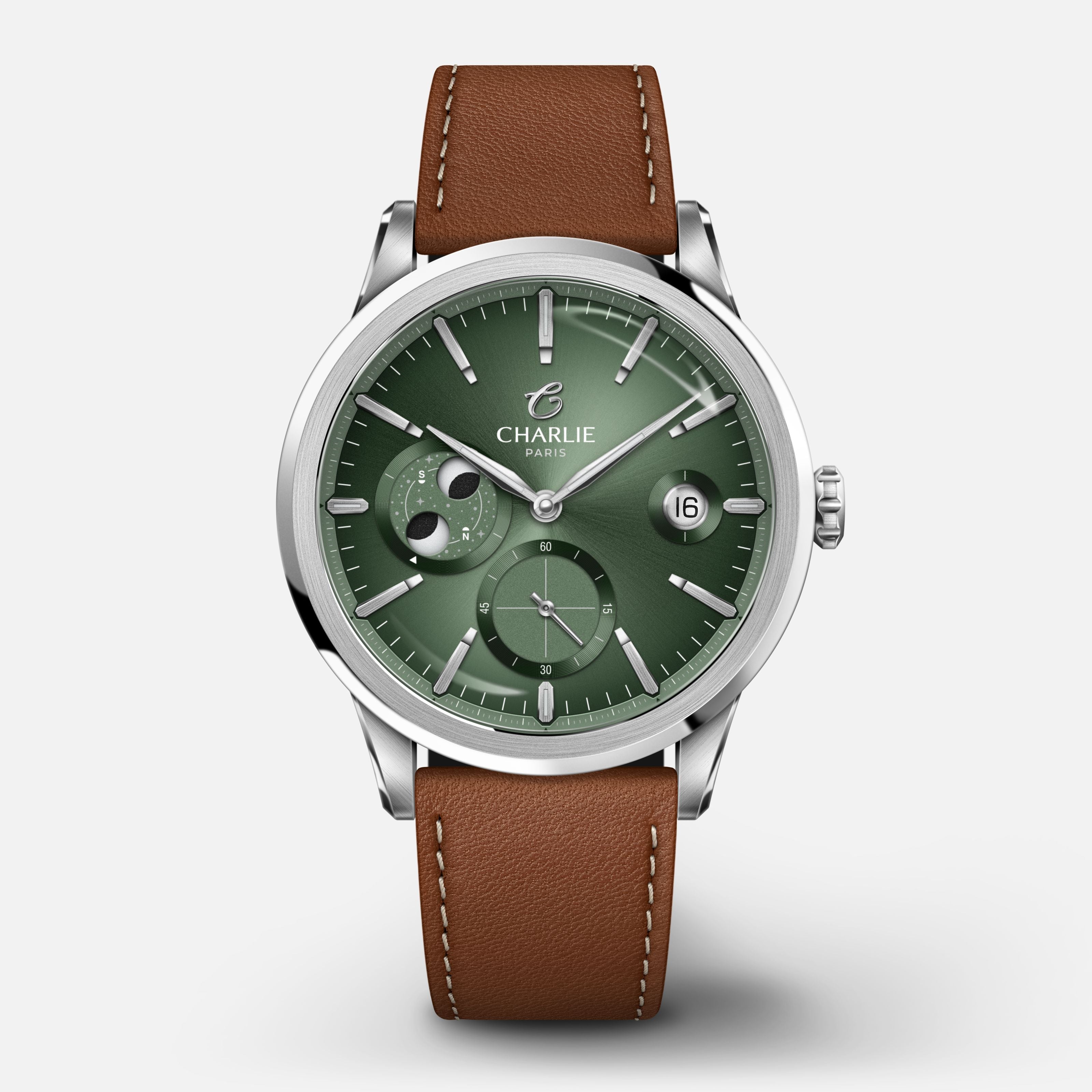 ALLIANCE - Automatique phase de lune - Sauge Montres CHARLIE Cuir marron