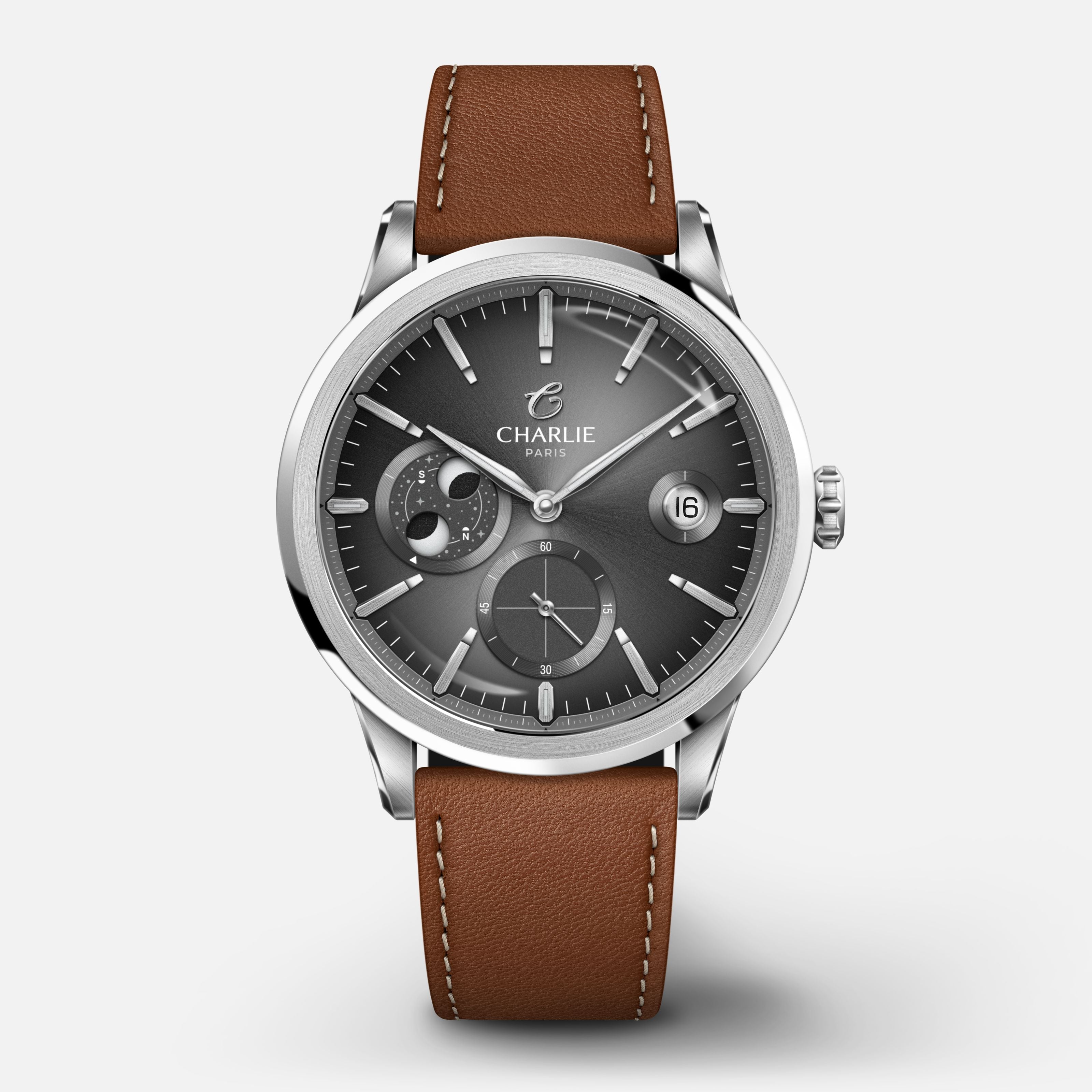 ALLIANCE - Automatique phase de lune - Gris Montres CHARLIE Cuir marron