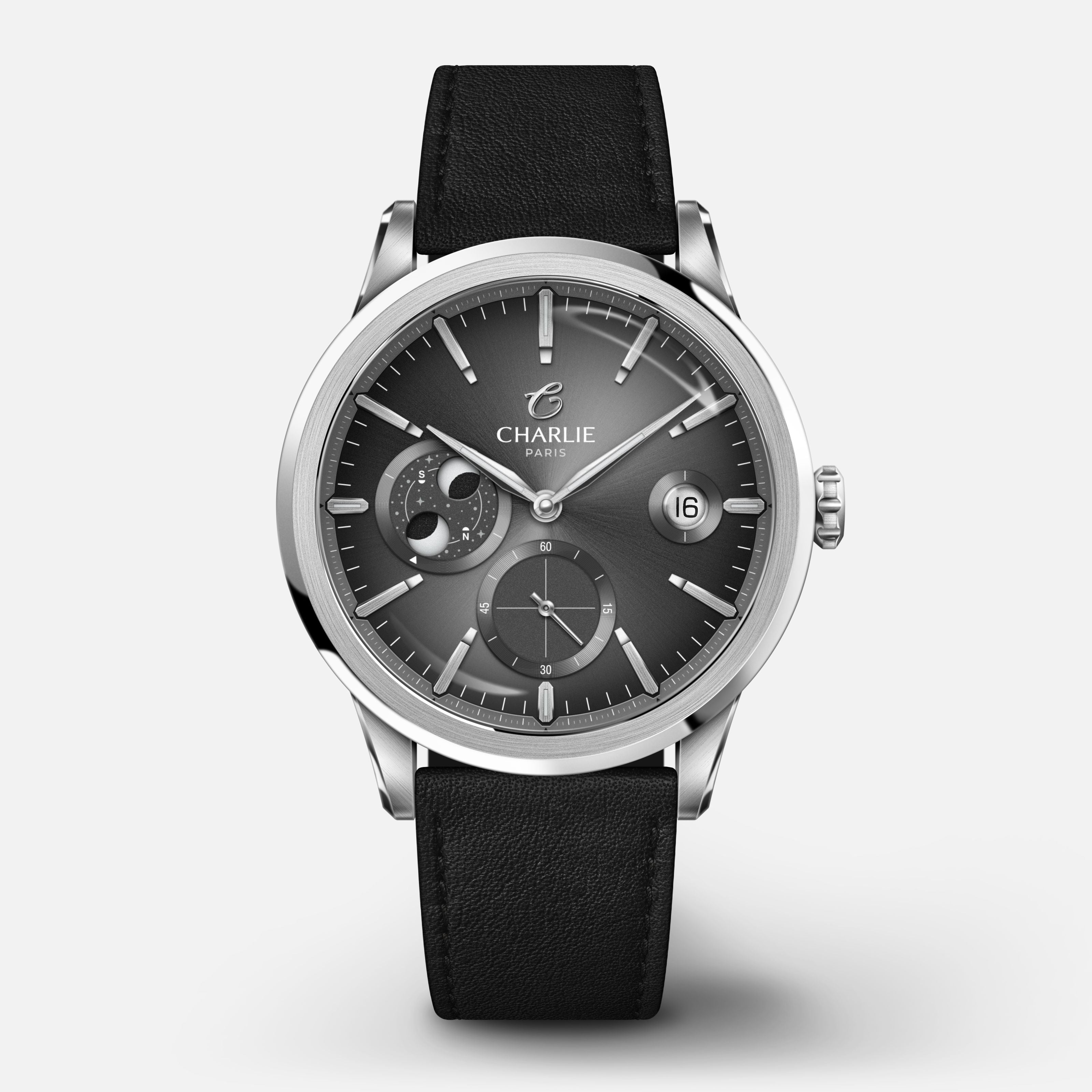 ALLIANCE - Automatique phase de lune - Gris Montres CHARLIE Cuir noir