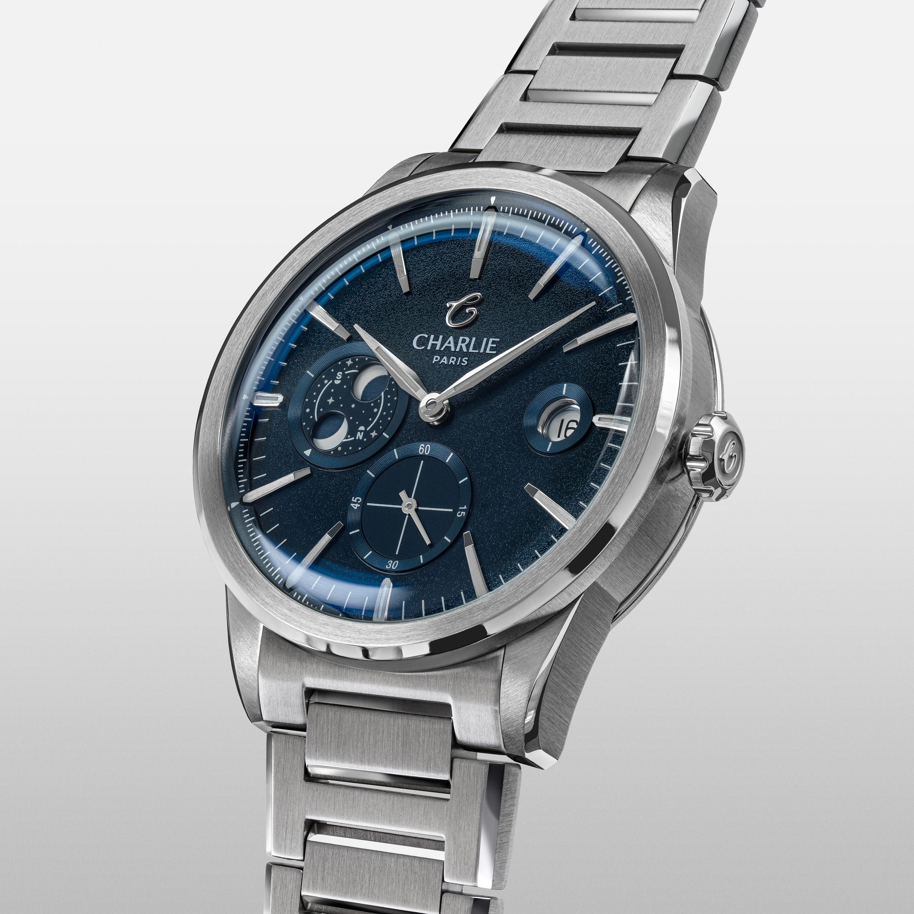 ALLIANCE - Automatique phase de lune - Bleu Montres CHARLIE Bracelet acier