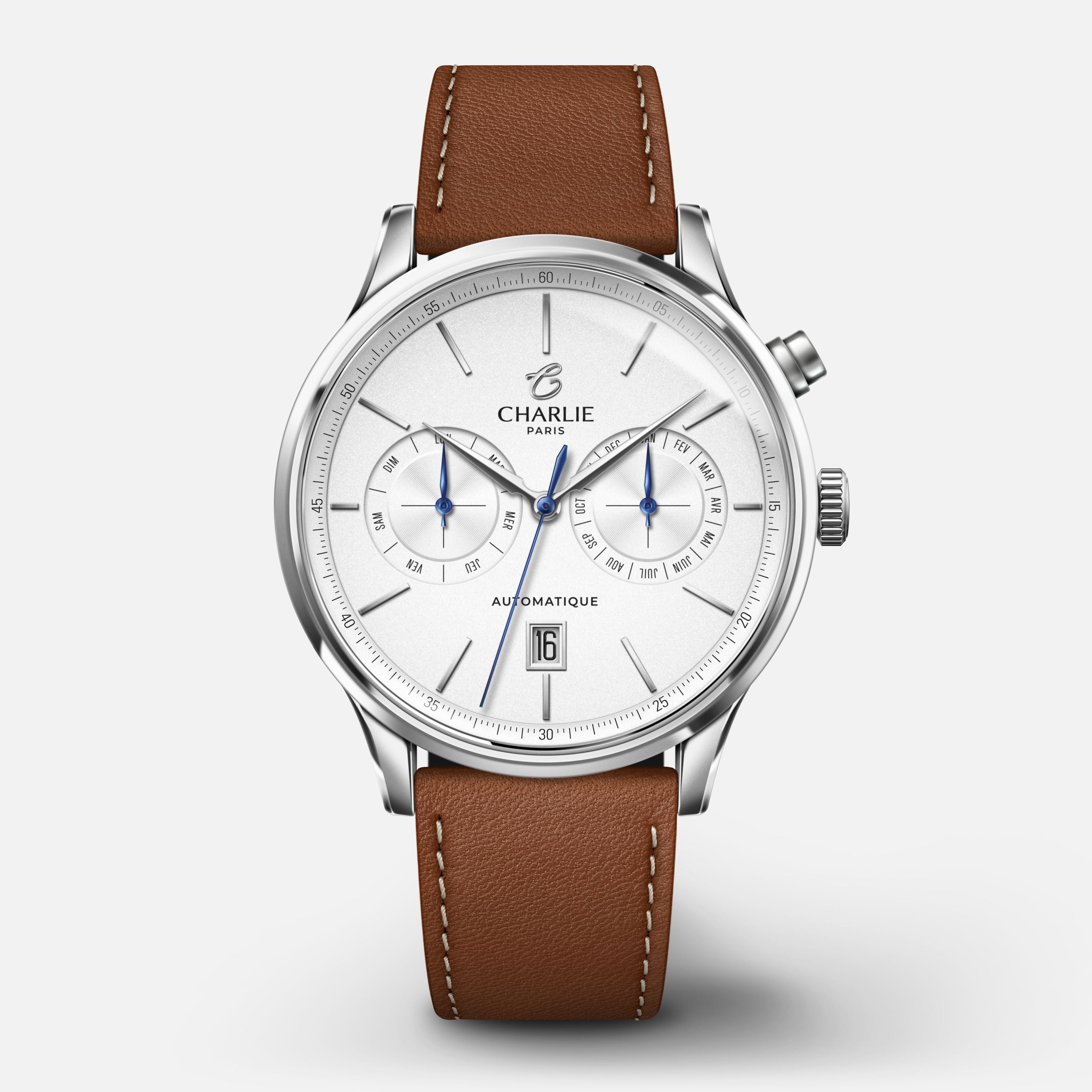 INITIAL - Automatique Calendrier - Blanc Montres CHARLIE Cuir marron