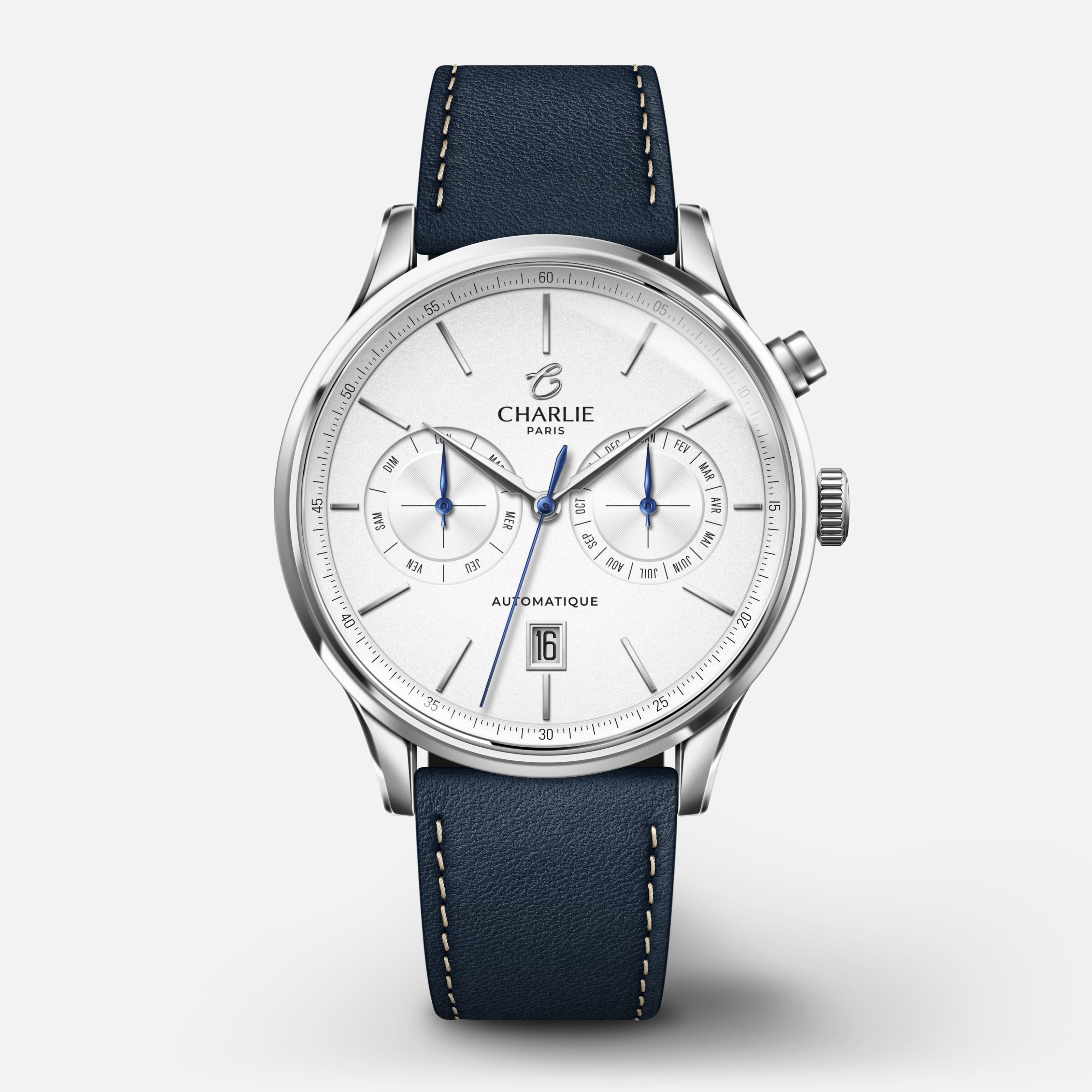 INITIAL - Automatique Calendrier - Blanc Montres CHARLIE Cuir bleu
