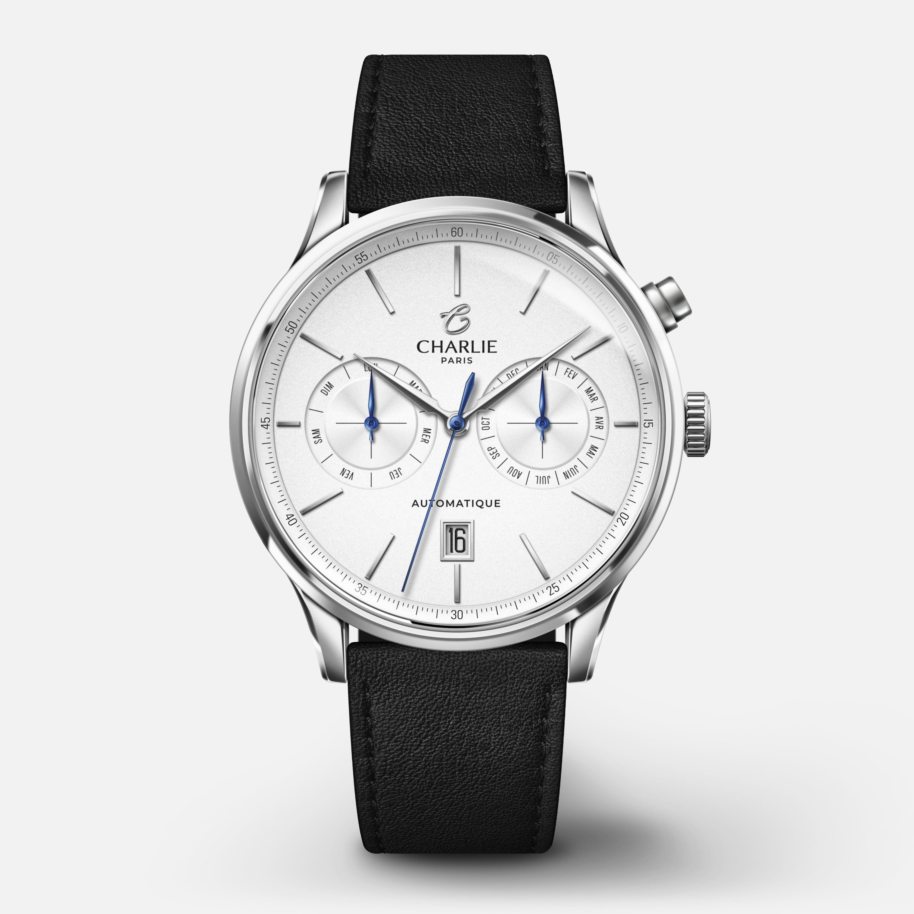 INITIAL - Automatique Calendrier - Blanc Montres CHARLIE Cuir noir