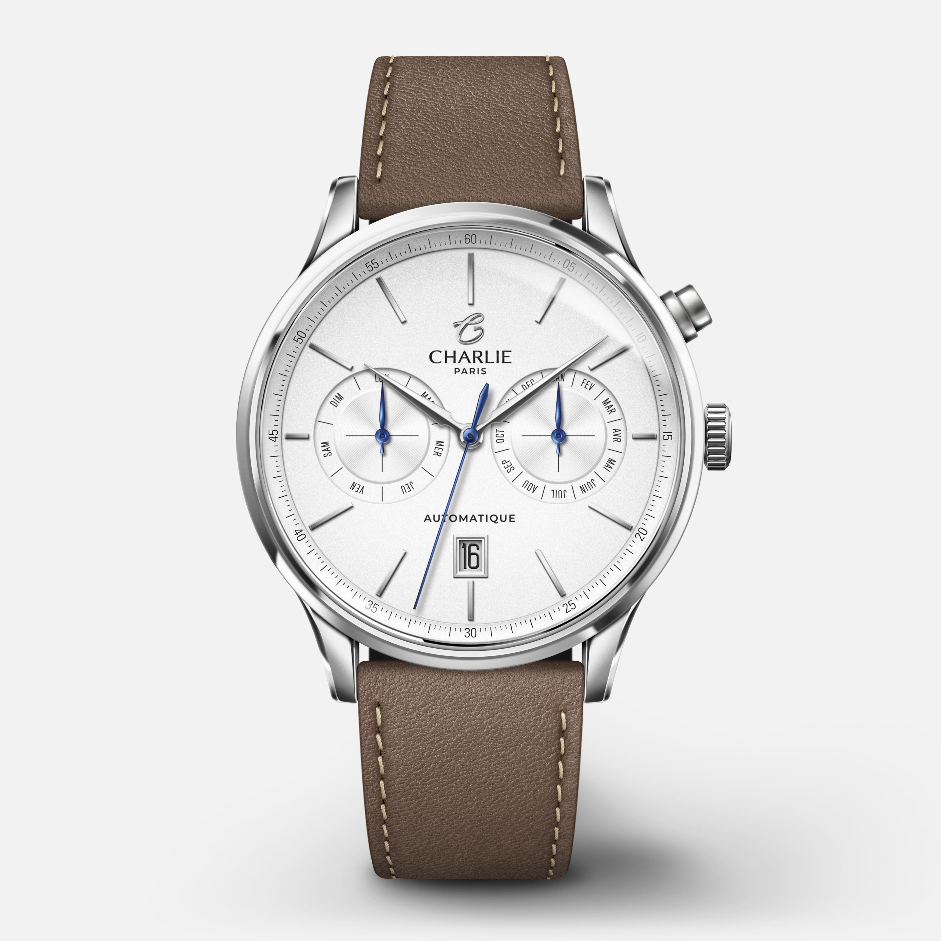 INITIAL - Automatique Calendrier - Blanc Montres CHARLIE Cuir taupe