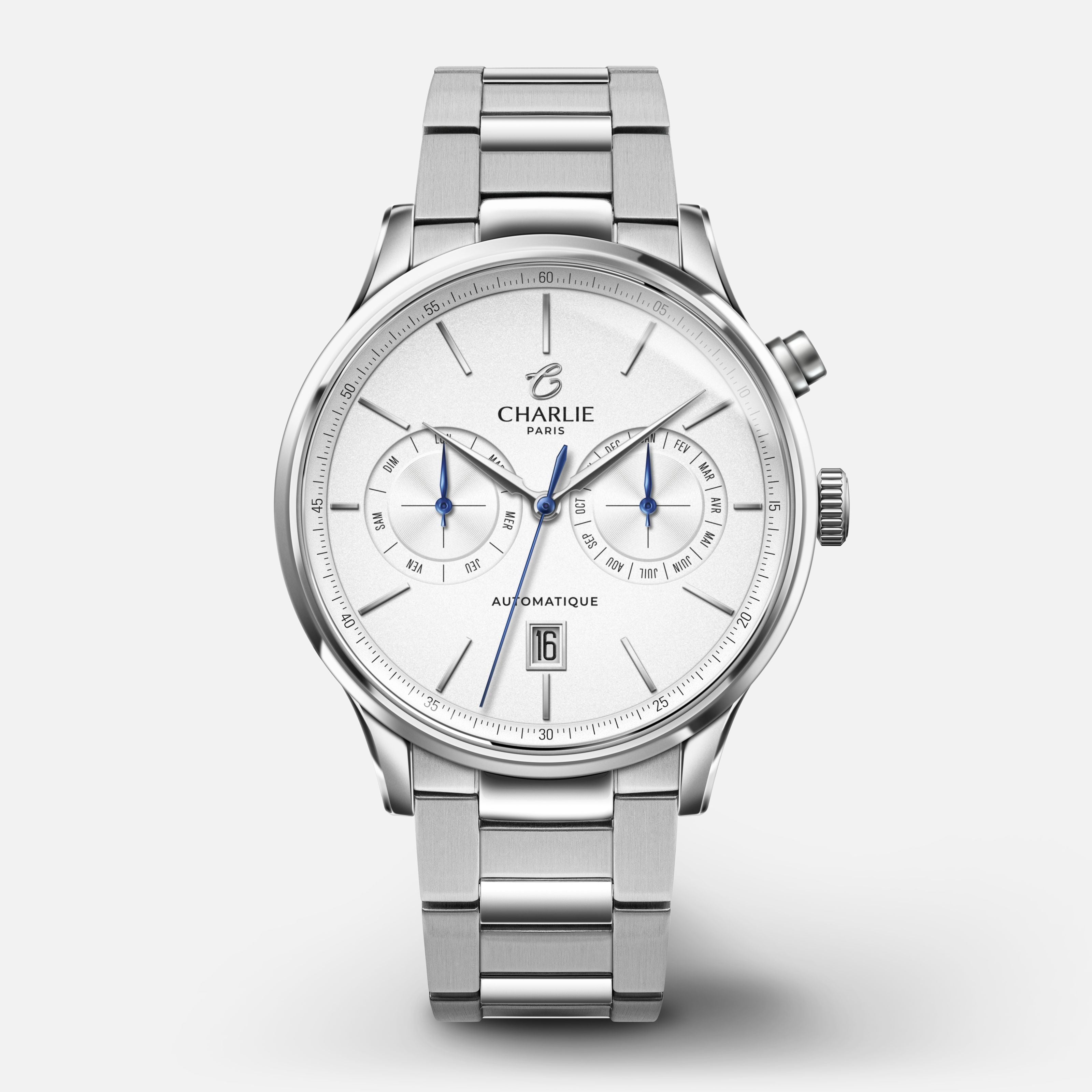 INITIAL - Automatique Calendrier - Blanc Montres CHARLIE Acier 3 maillons