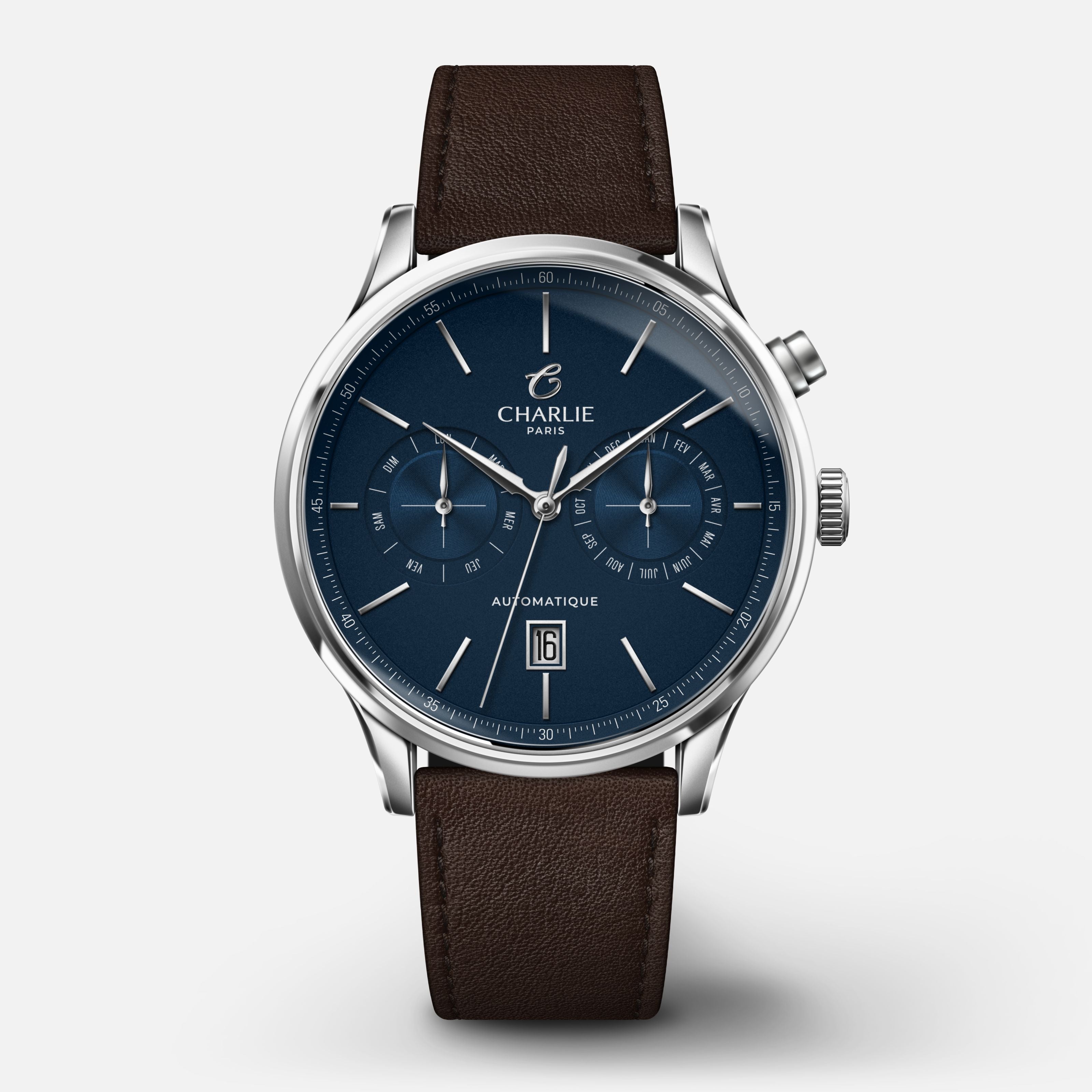 INITIAL - Automatique Calendrier - Bleu Montres CHARLIE Cuir chocolat