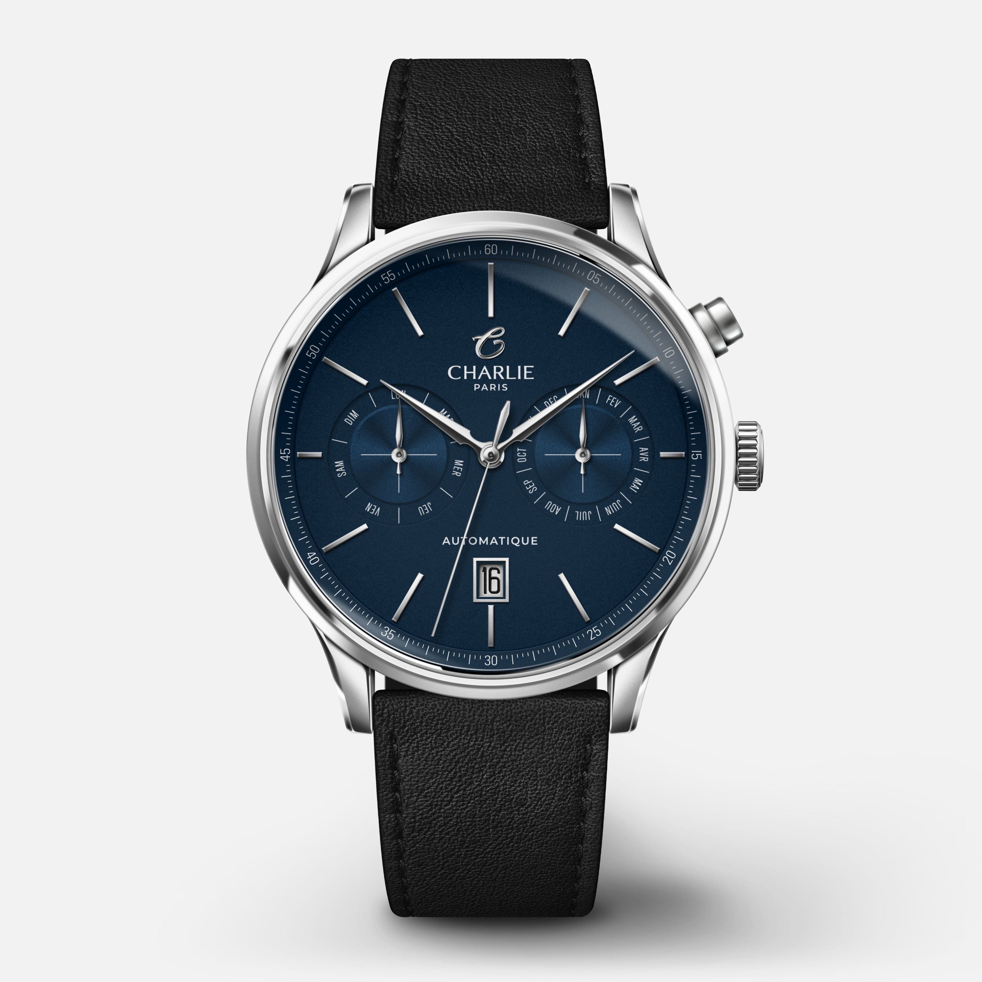 INITIAL - Automatique Calendrier - Bleu Montres CHARLIE Cuir noir