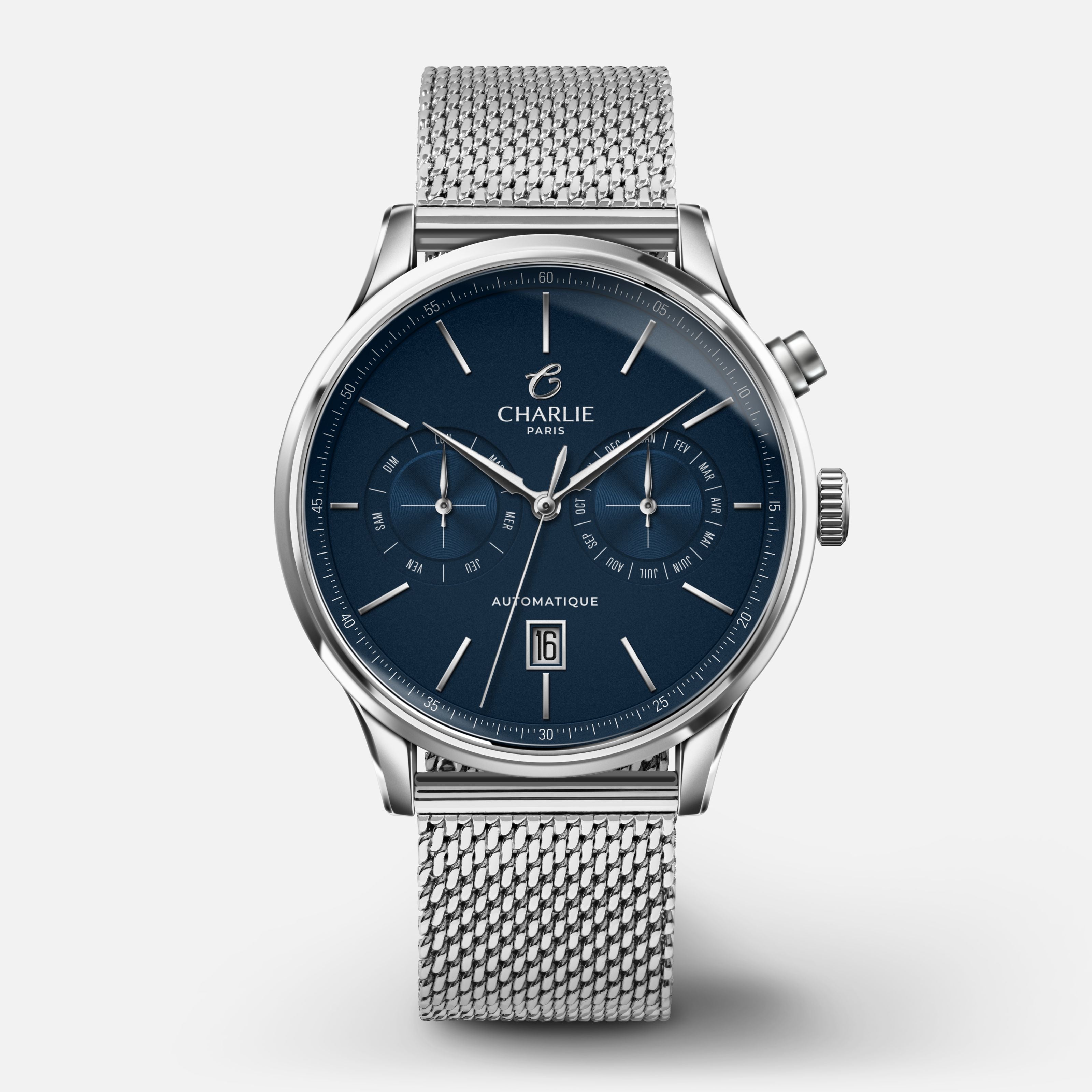 INITIAL - Automatique Calendrier - Bleu Montres CHARLIE Maille milanaise