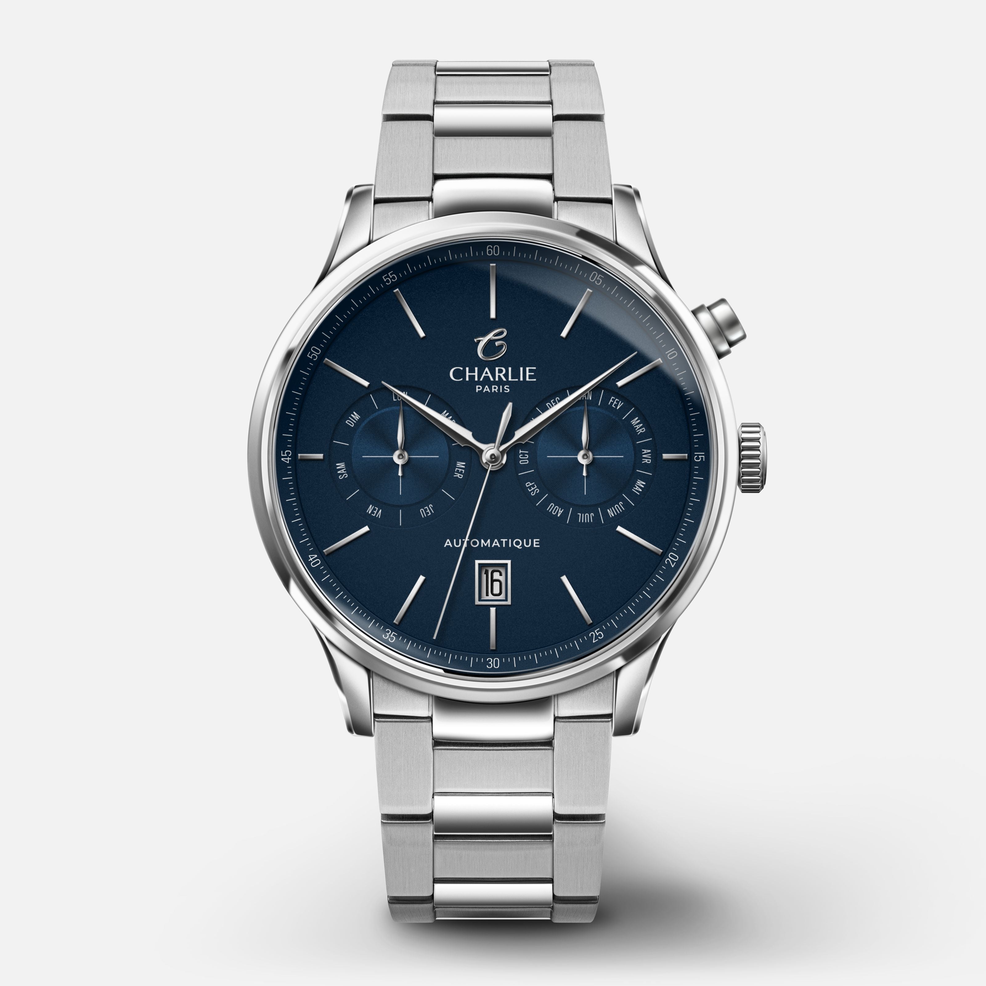 INITIAL - Automatique Calendrier - Bleu Montres CHARLIE Acier 3 maillons