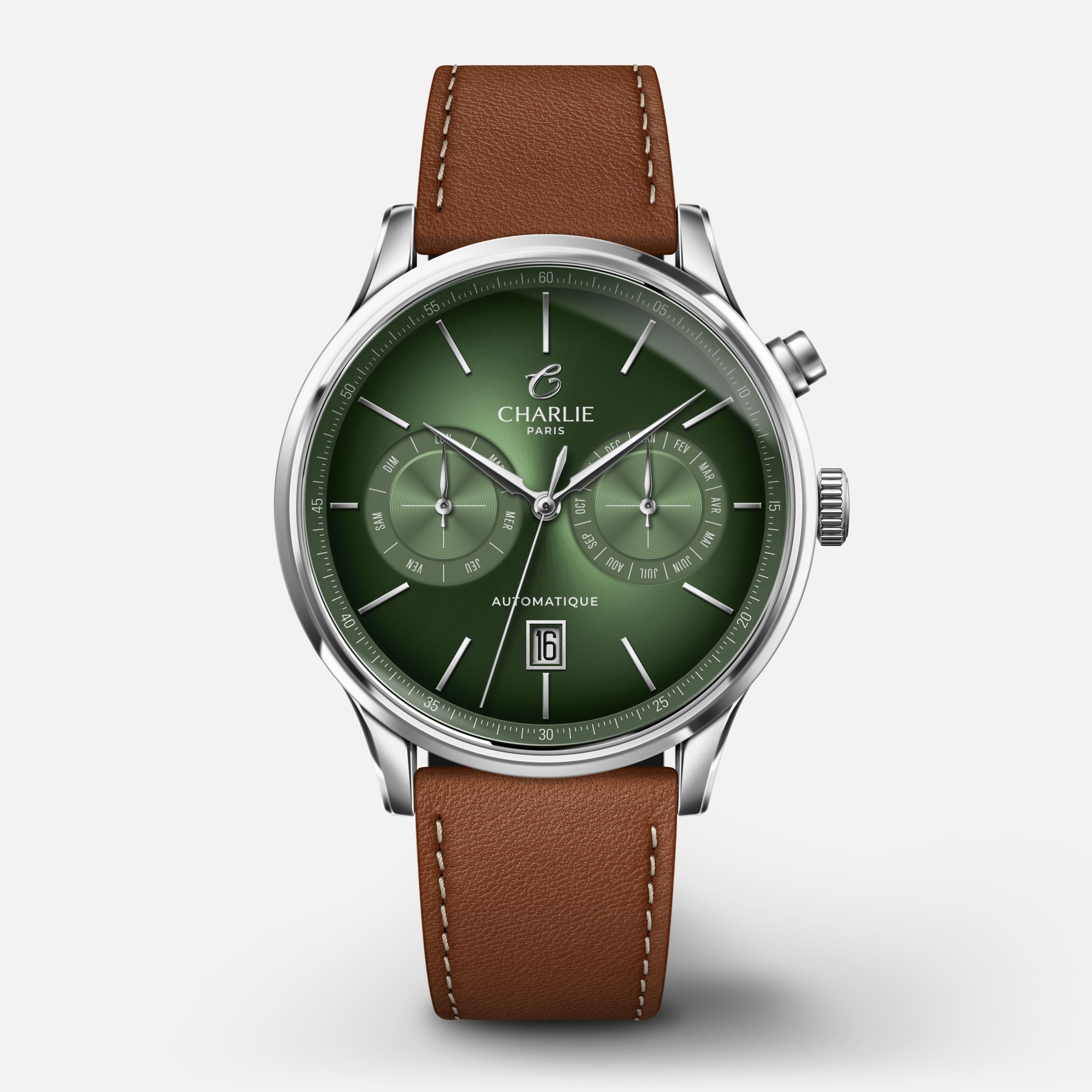 INITIAL - Automatique Calendrier - Sauge Montres CHARLIE Cuir marron