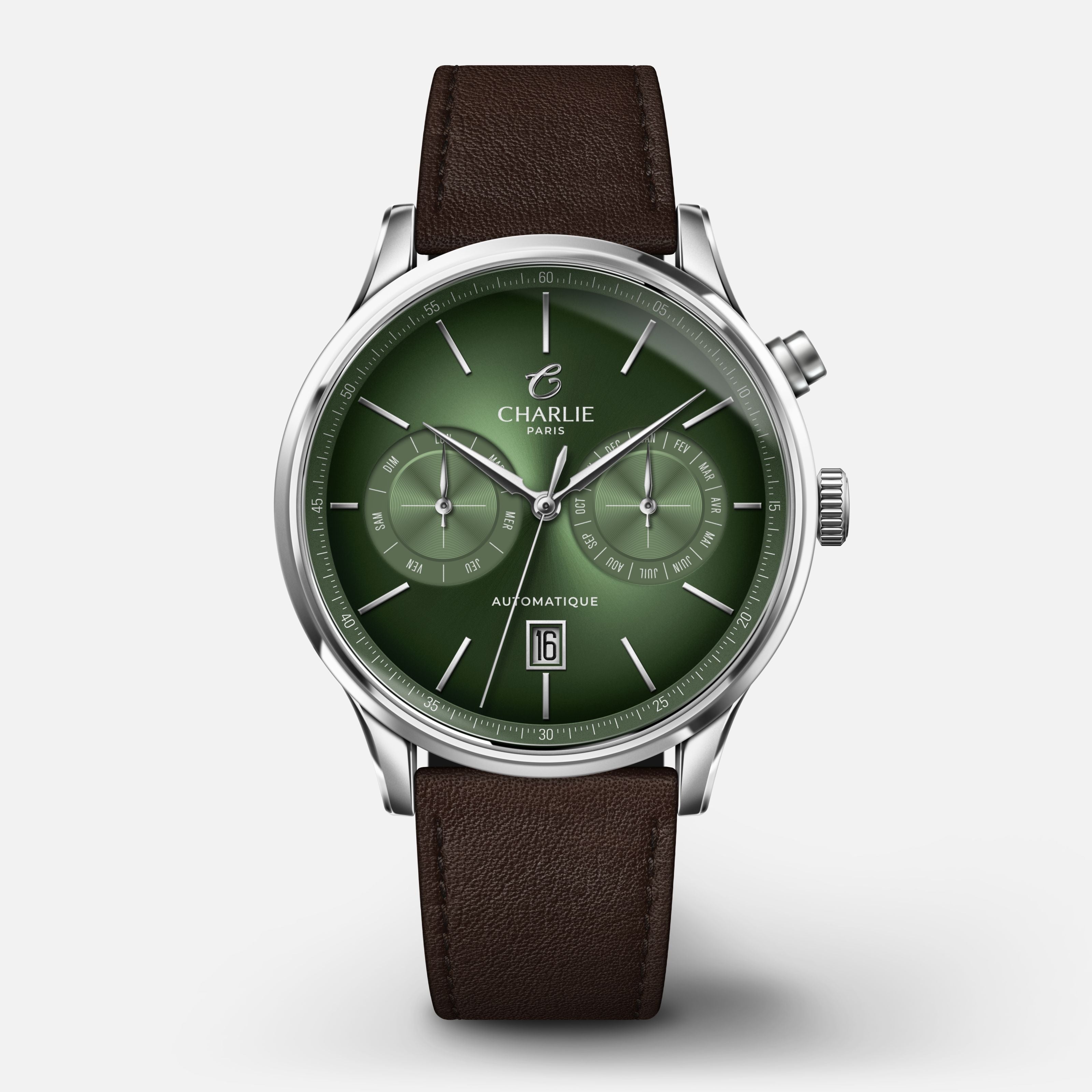 INITIAL - Automatique Calendrier - Sauge Montres CHARLIE Cuir chocolat