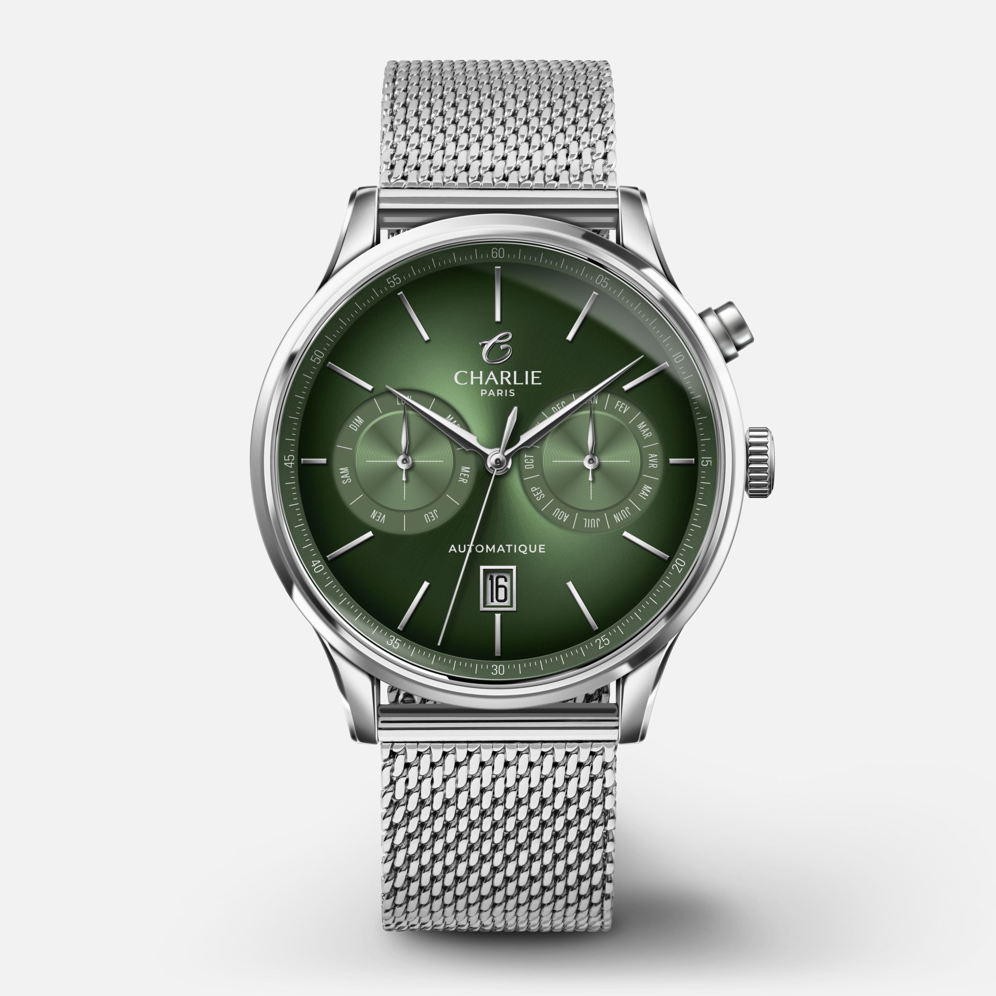 INITIAL - Automatique Calendrier - Sauge Montres CHARLIE Maille milanaise