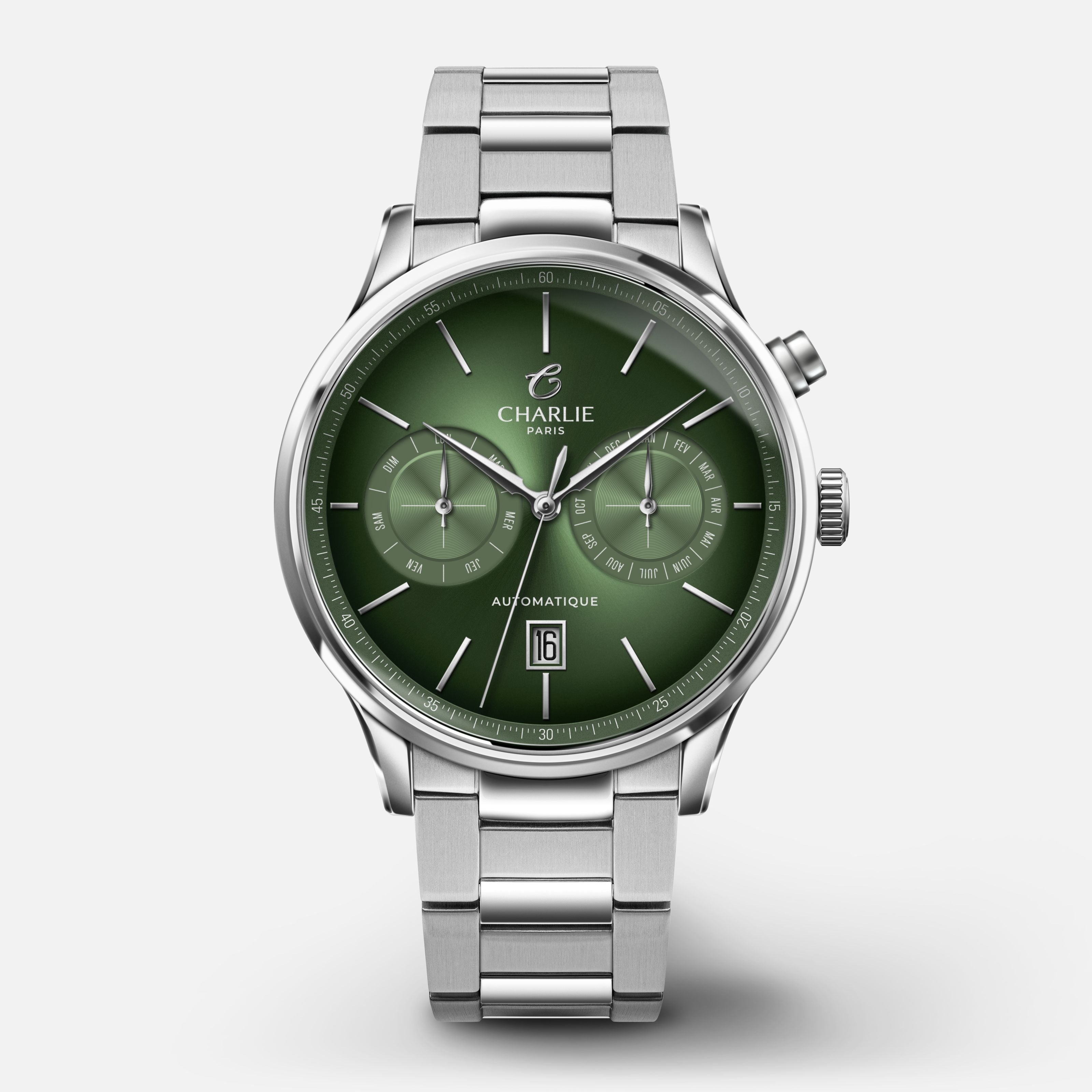 INITIAL - Automatique Calendrier - Sauge Montres CHARLIE Acier 3 maillons