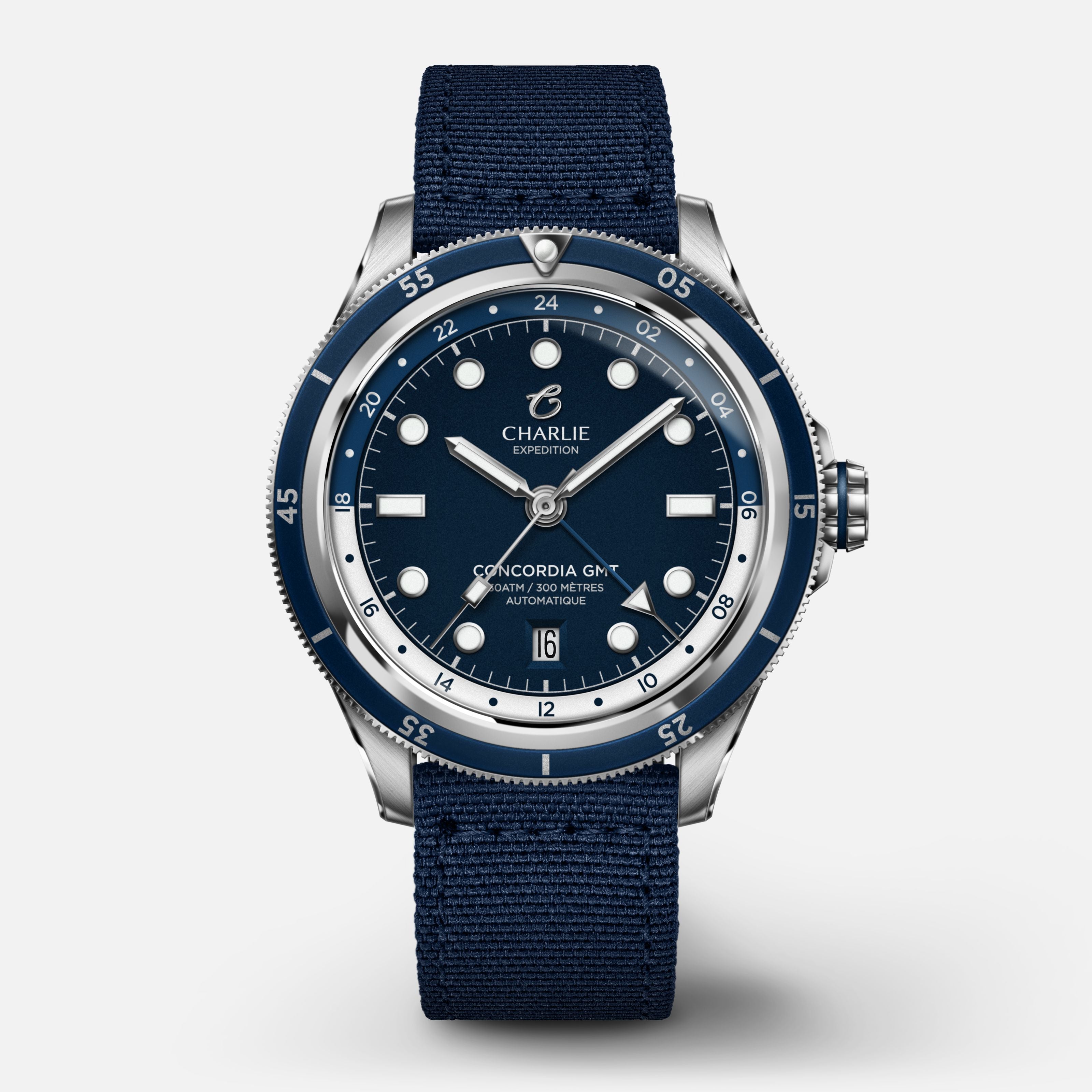CONCORDIA - Automatique GMT - Bleu Antarctique Montres CHARLIE Nylon bleu