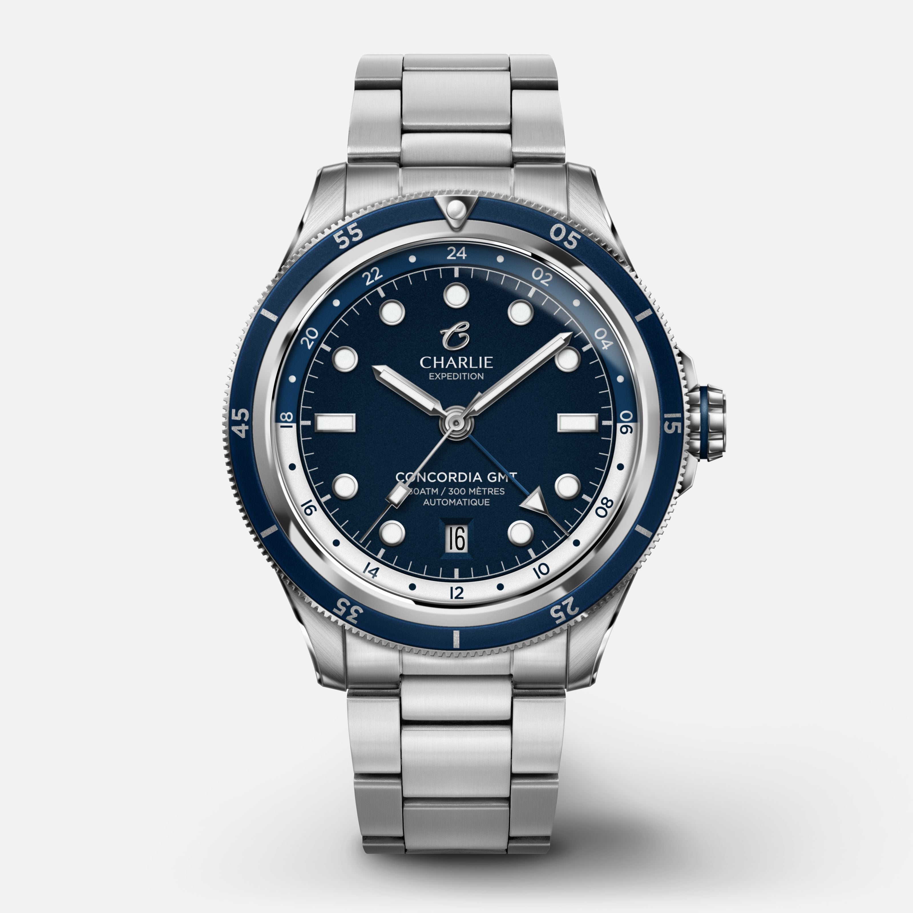 CONCORDIA - Automatique GMT - Bleu Antarctique Montres CHARLIE Acier 3 maillons