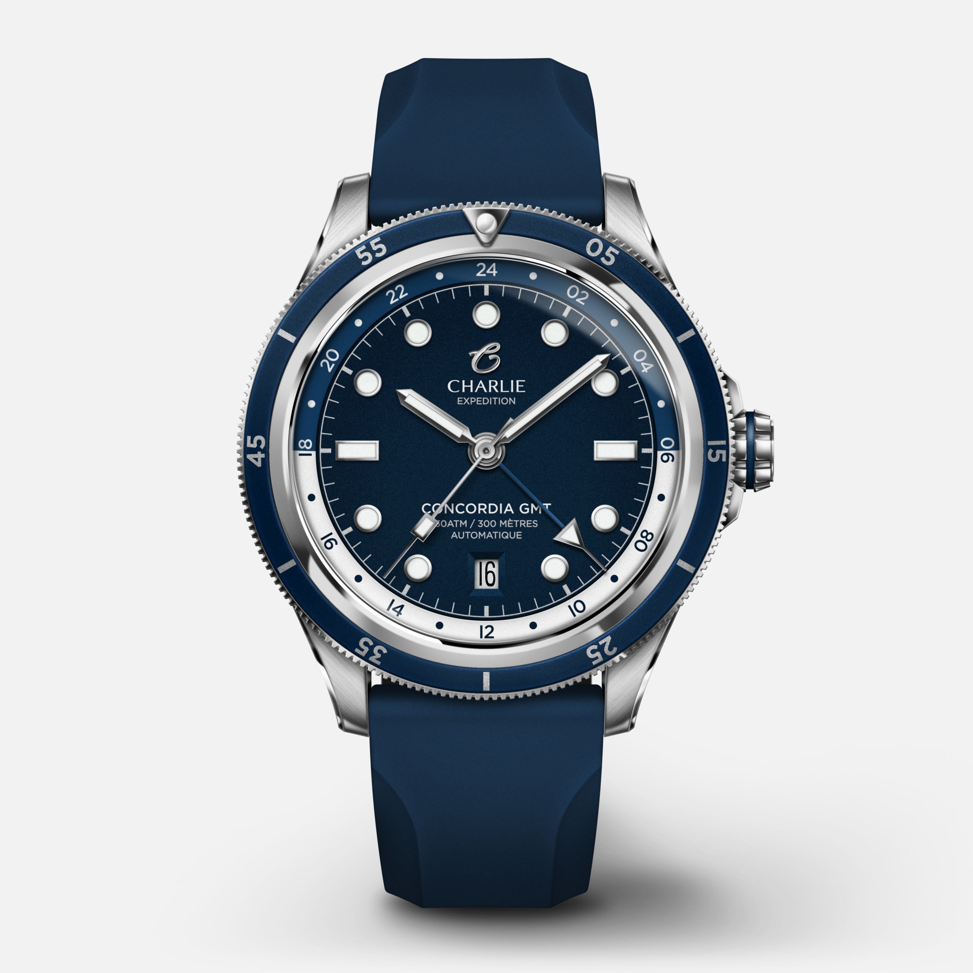 CONCORDIA - Automatique GMT - Bleu Antarctique Montres CHARLIE Caoutchouc bleu