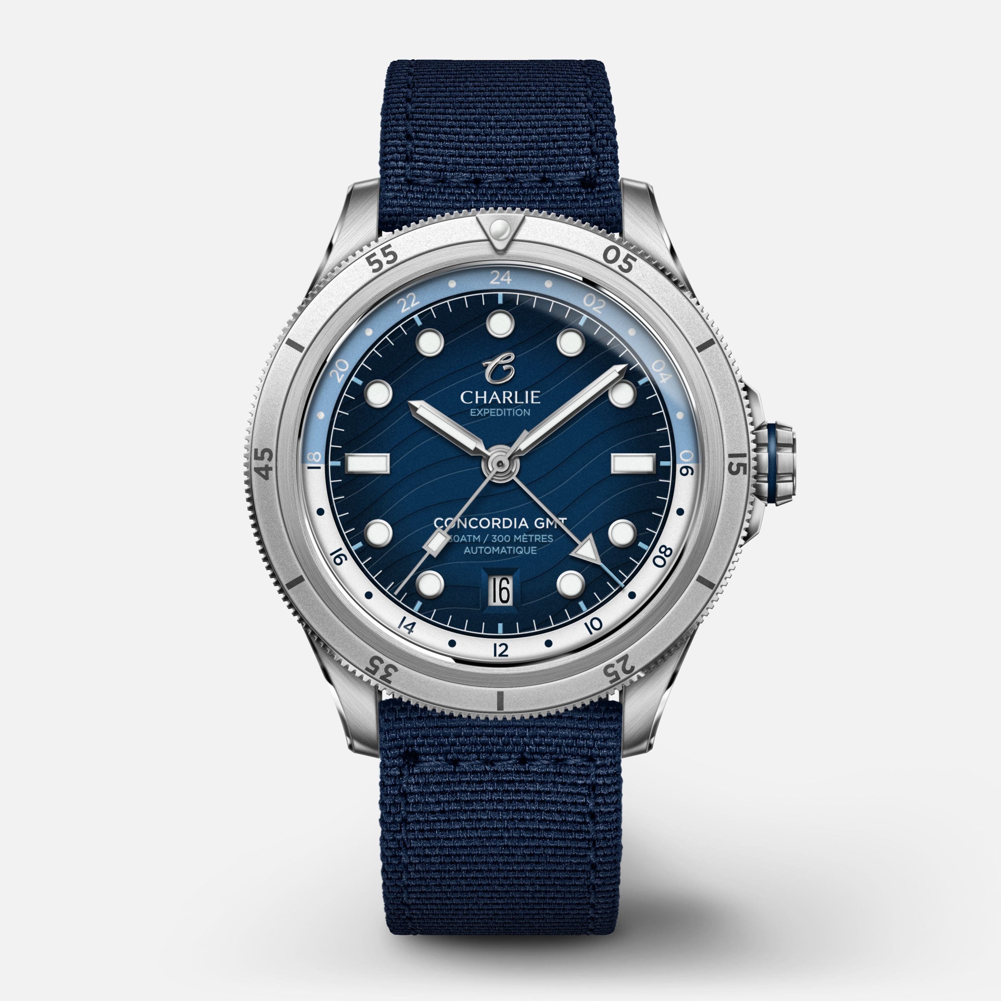 CONCORDIA - Automatique GMT - Nazaré Montres CHARLIE Nylon bleu