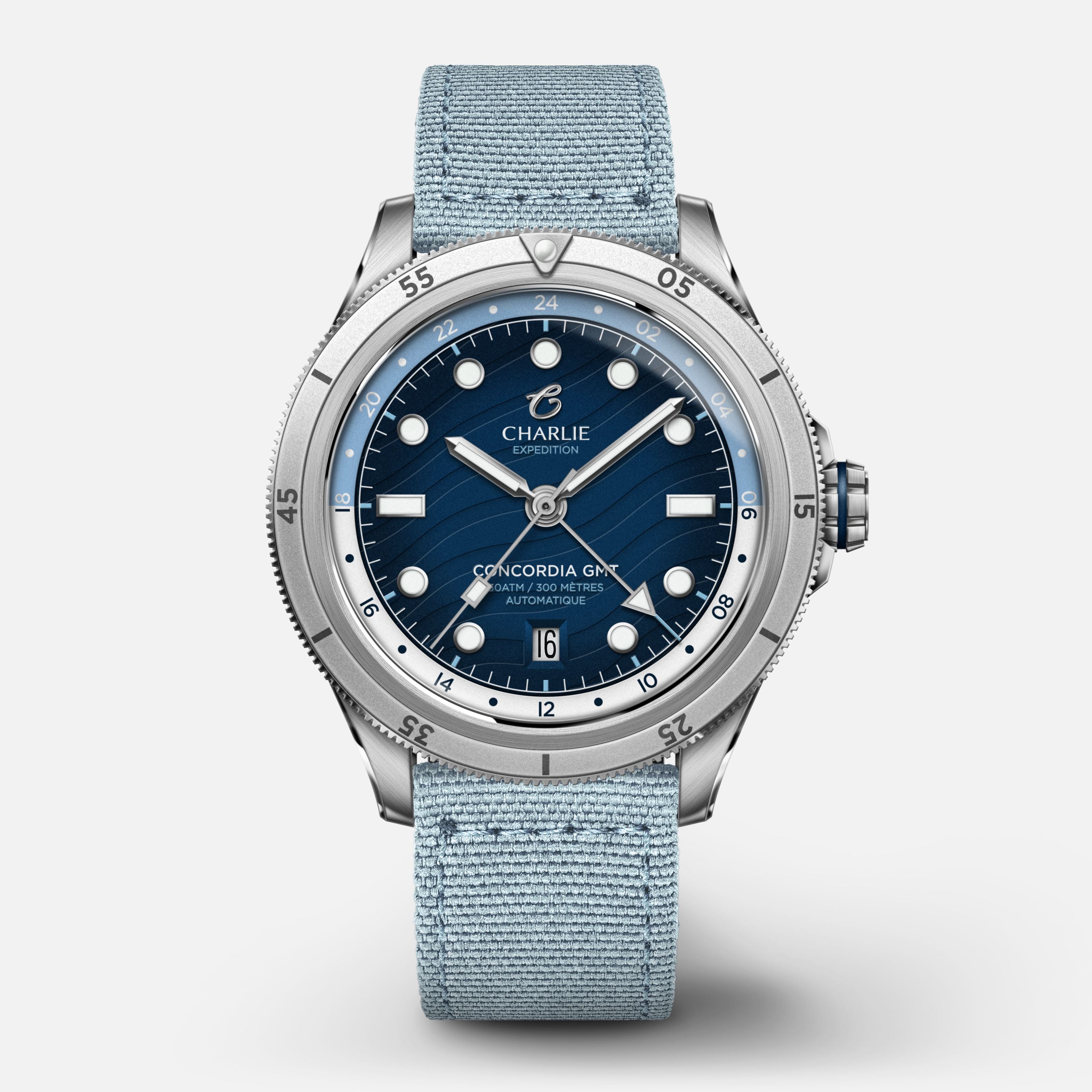 CONCORDIA - Automatique GMT - Nazaré Montres CHARLIE Nylon bleu ciel