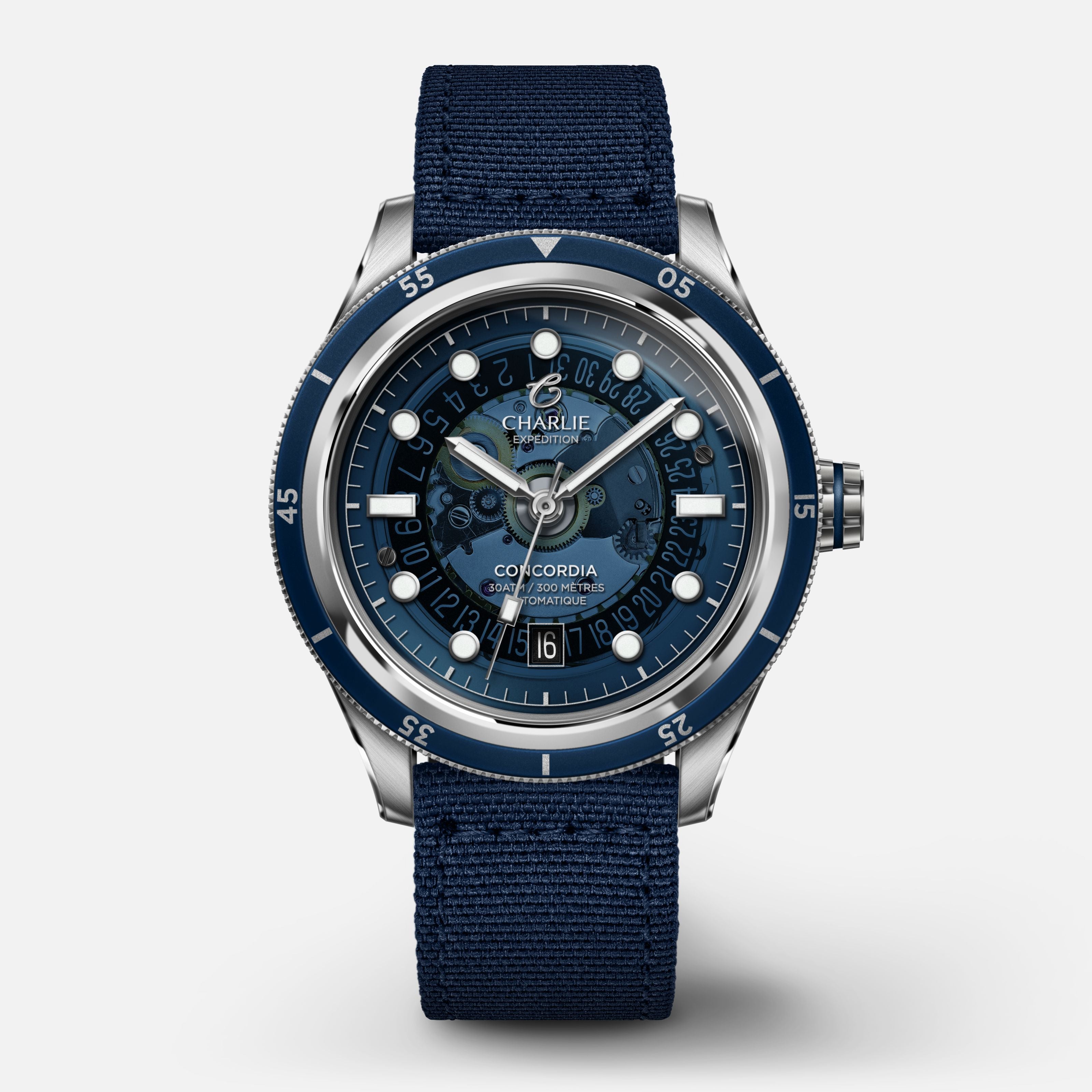CONCORDIA - Automatique Saphir - Bleu Antarctique Montres CHARLIE Nylon bleu