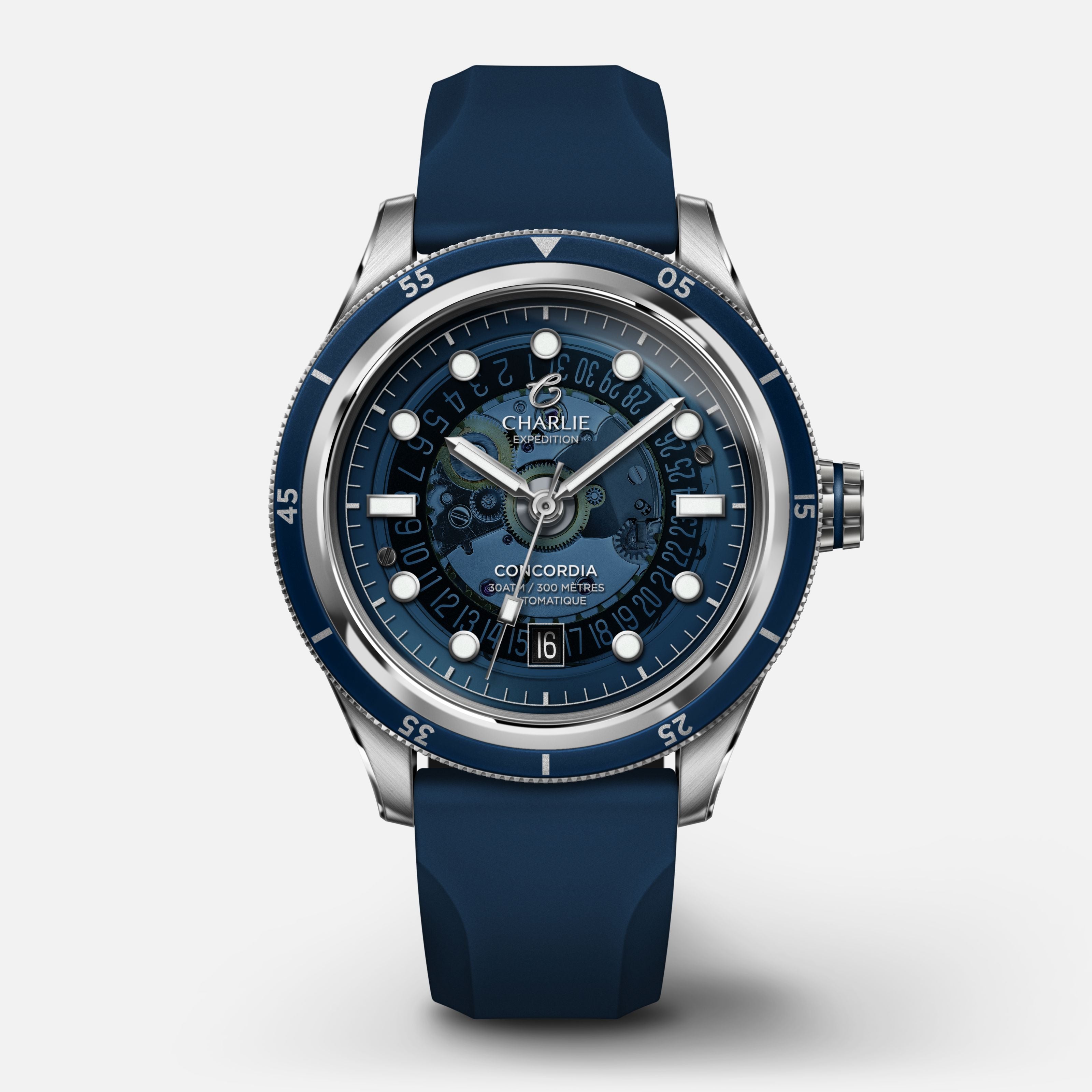 CONCORDIA - Automatique Saphir - Bleu Antarctique Montres CHARLIE Caoutchouc bleu