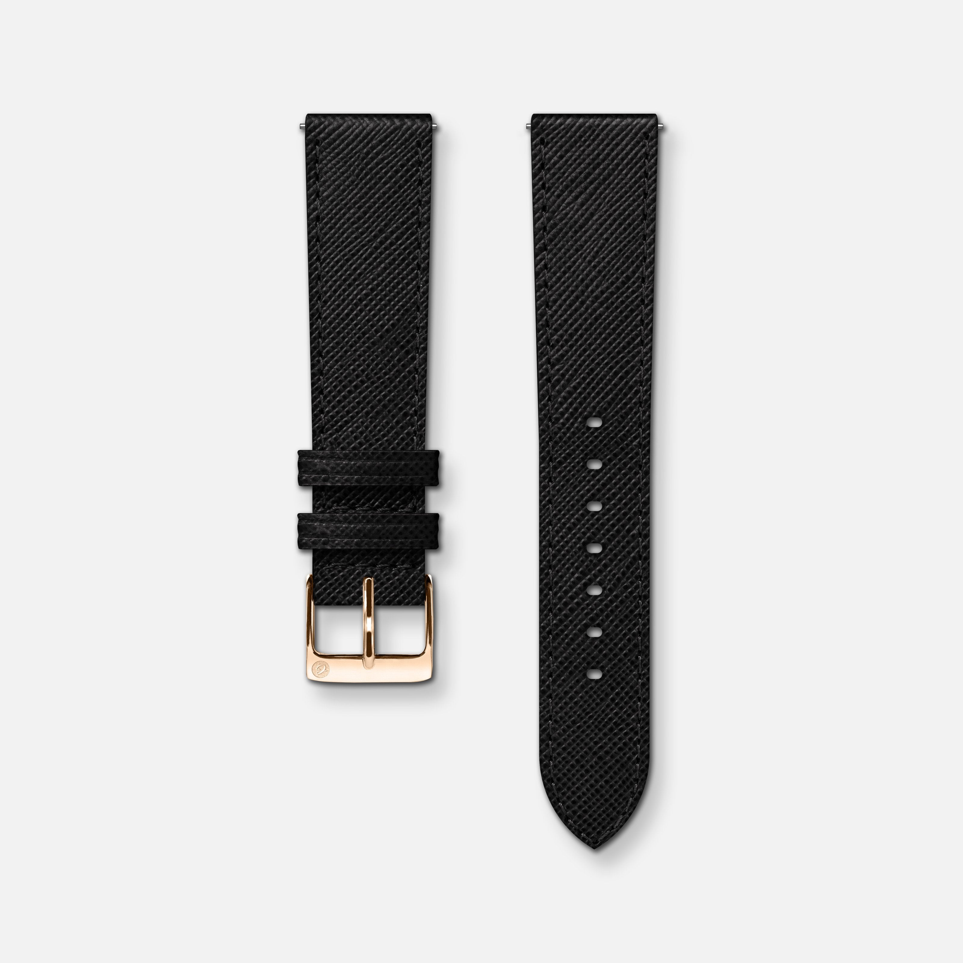Bracelet cuir saffiano noir 18mm Bracelets de montres CHARLIE Or rose
