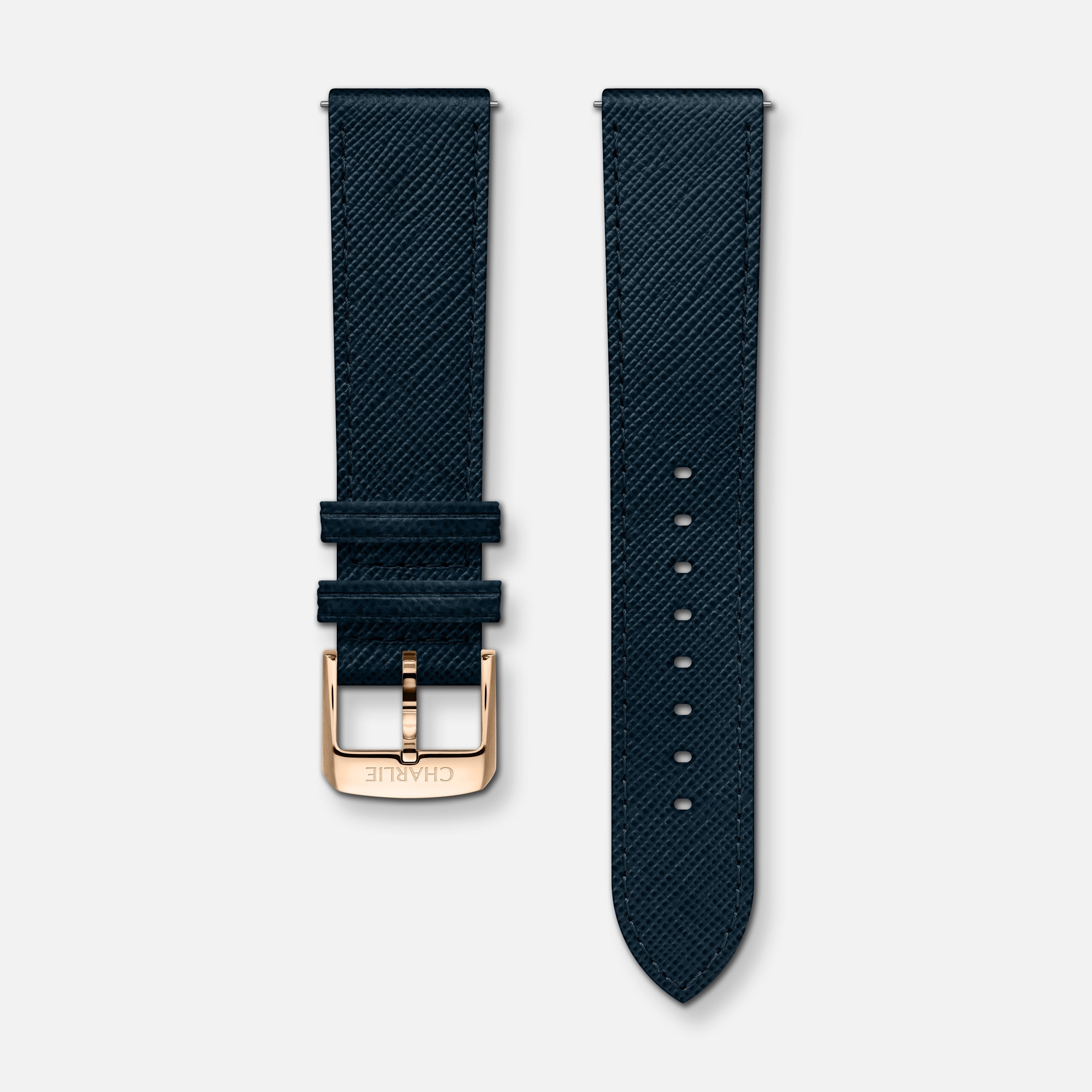 Bracelet cuir saffiano bleu 20mm Bracelets de montres CHARLIE Doré