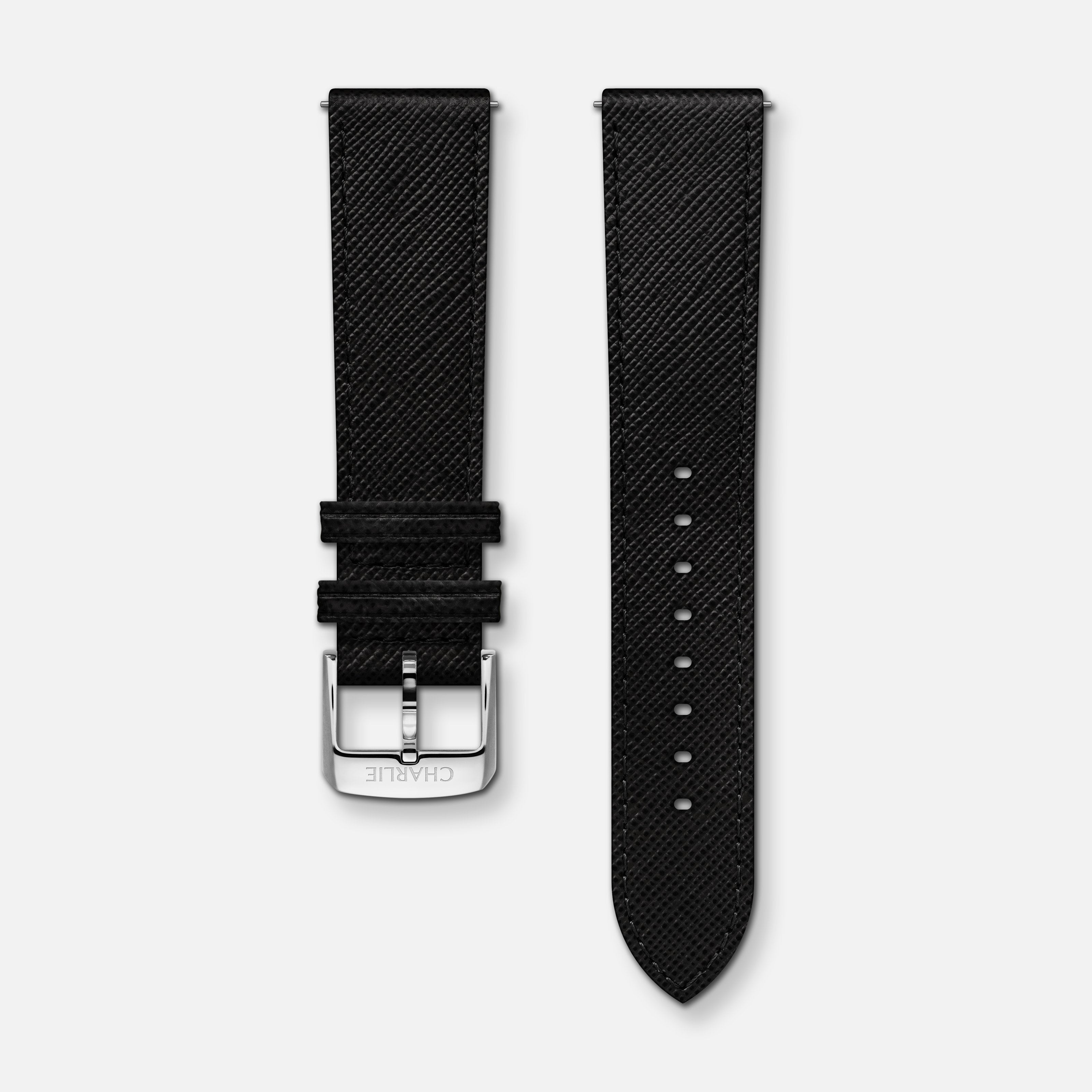 Bracelet cuir saffiano noir 20mm Bracelets de montres CHARLIE Acier
