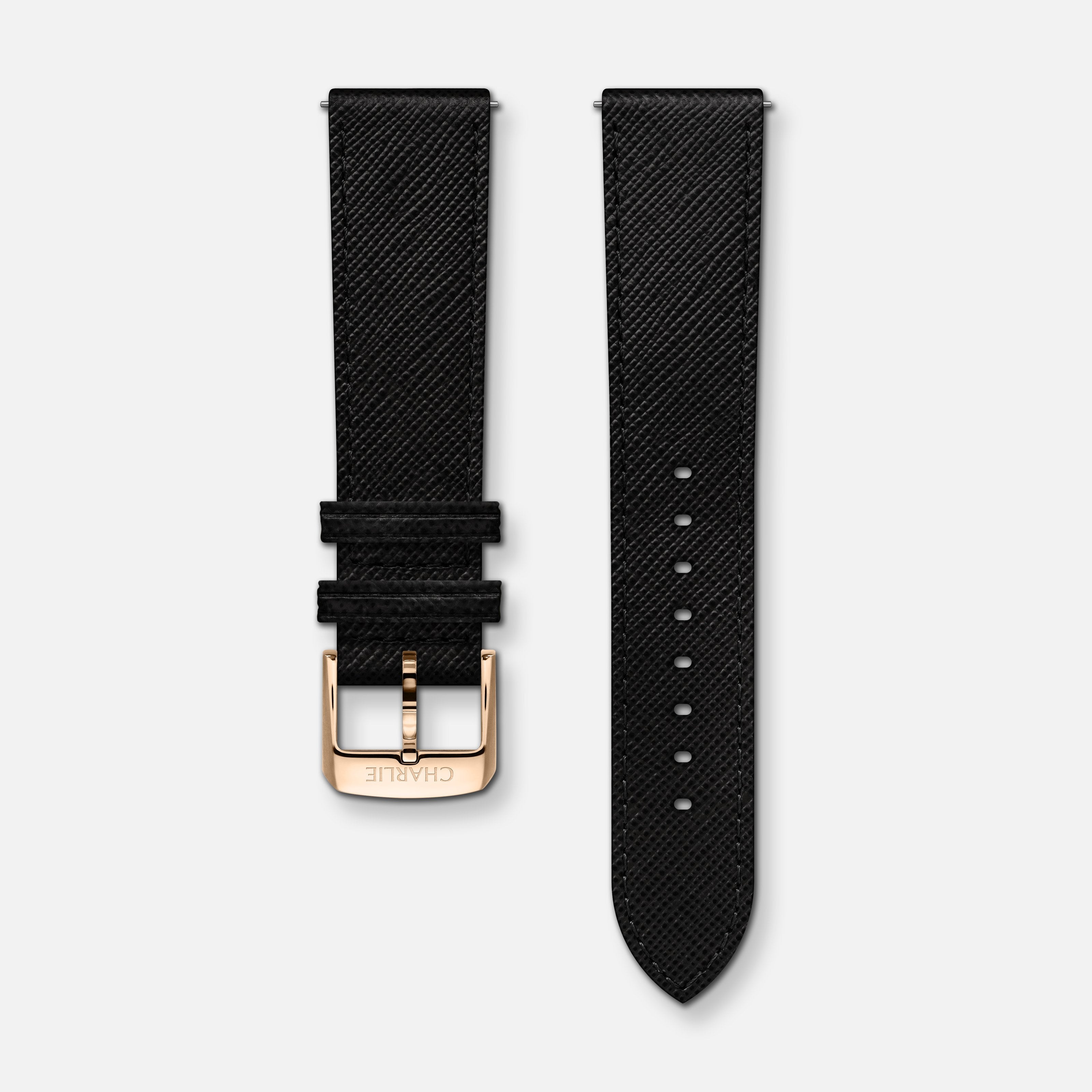 Bracelet cuir saffiano noir 20mm Bracelets de montres CHARLIE Doré