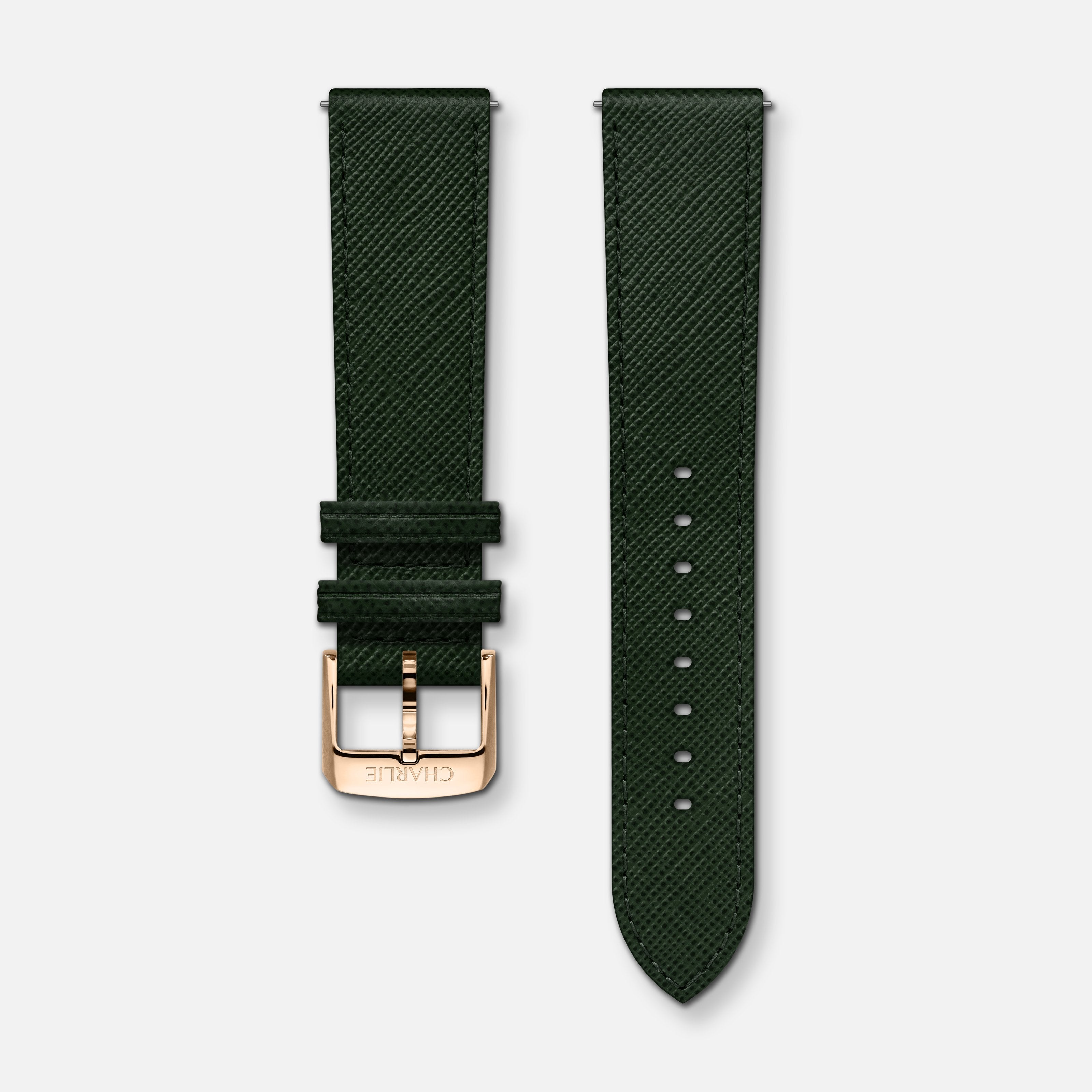 Bracelet cuir saffiano vert 20mm Bracelets de montres CHARLIE Doré