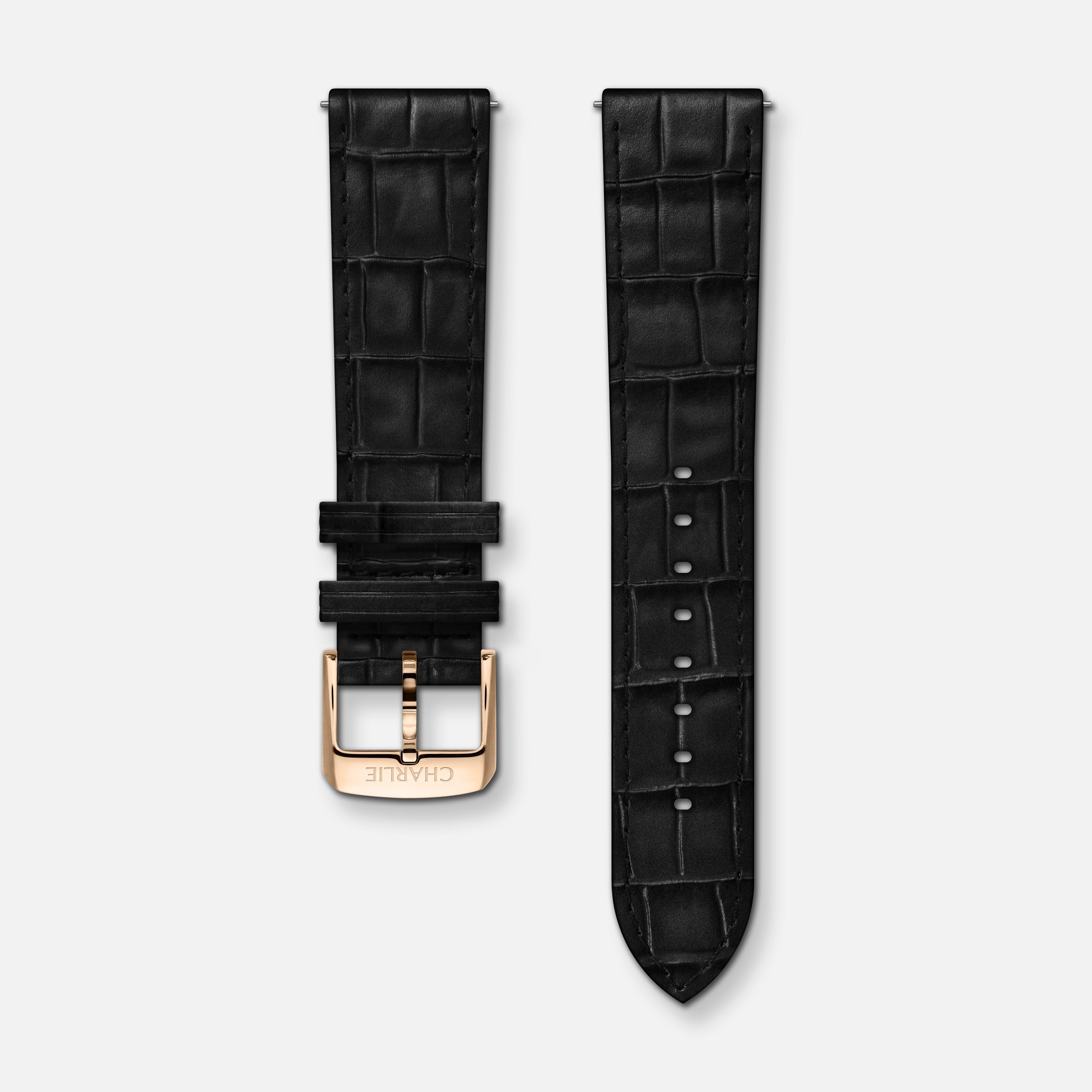 Bracelet cuir crocograin noir 20mm Bracelets de montres CHARLIE Doré
