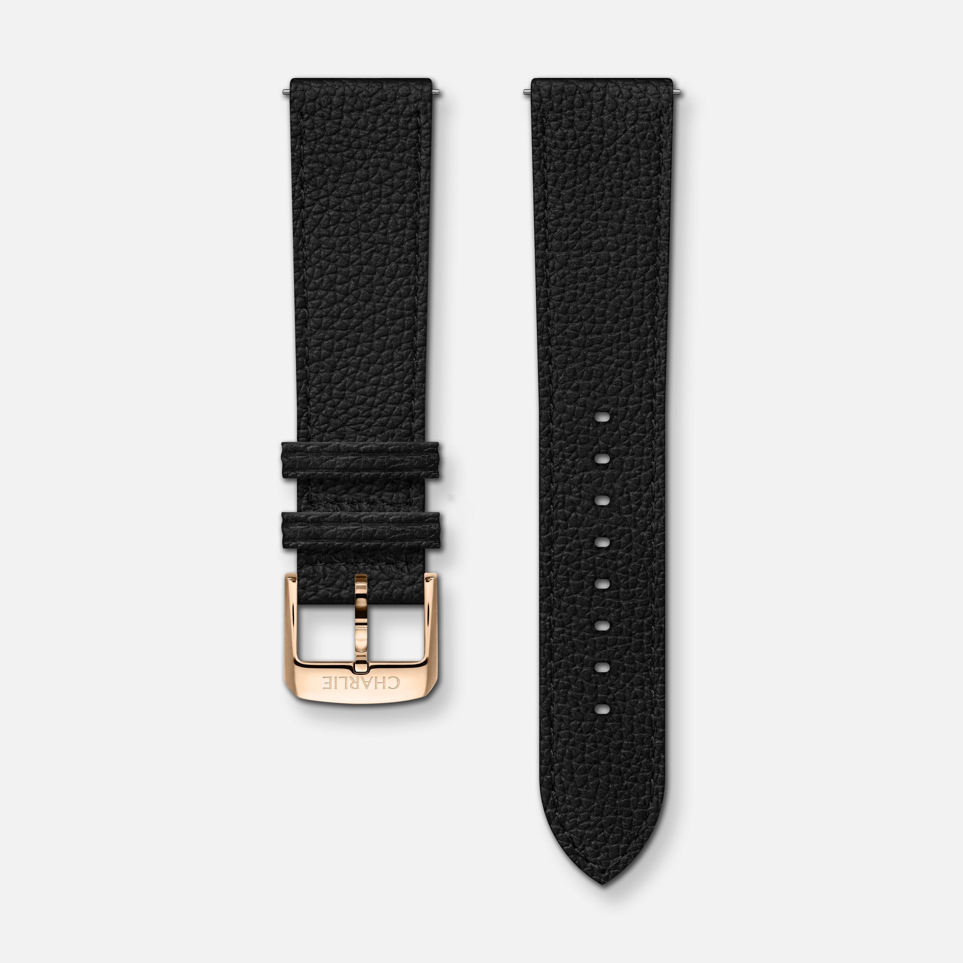Bracelet cuir grainé noir 20mm Bracelets de montres CHARLIE Doré