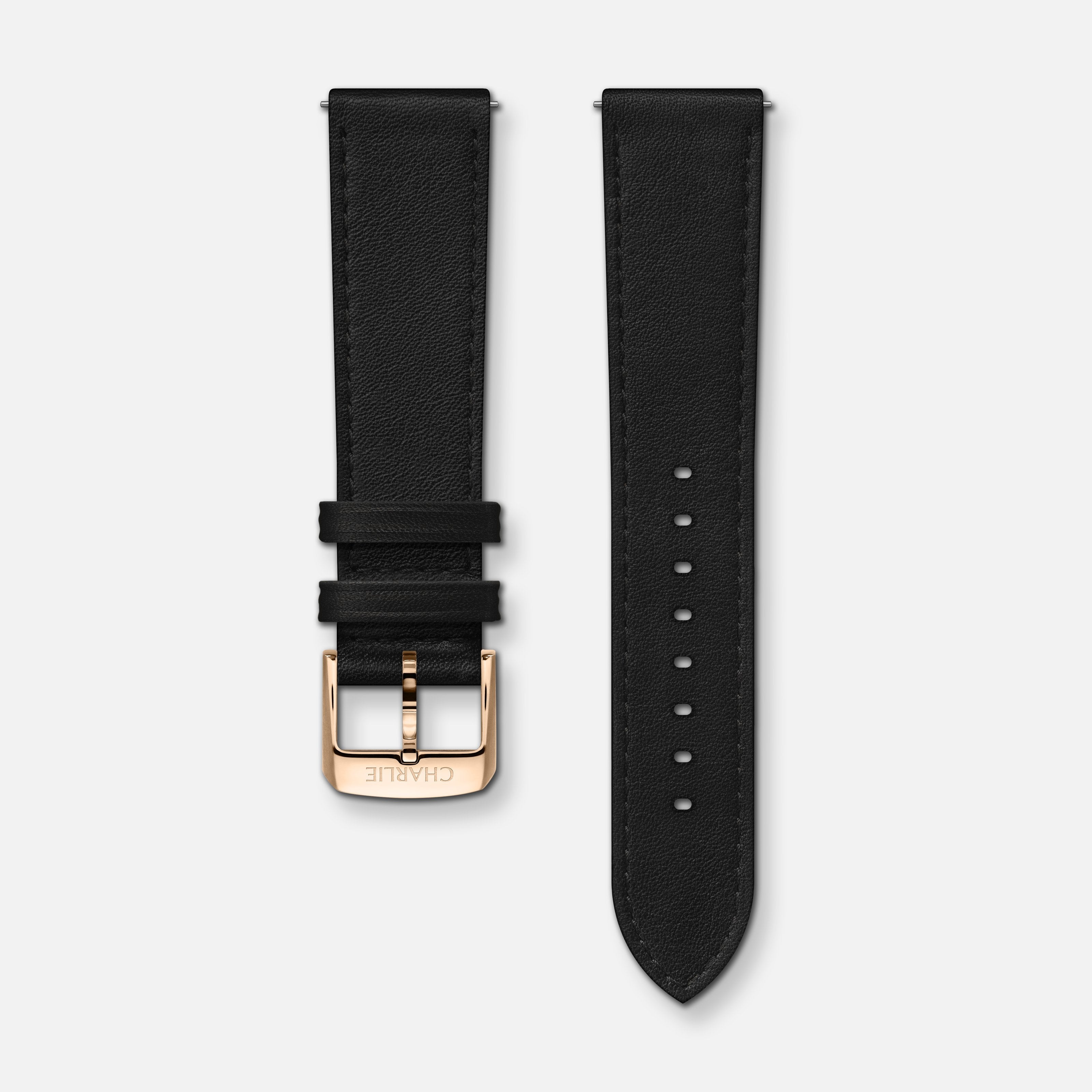 Bracelet cuir noir 20mm Bracelets de montres CHARLIE Or rose