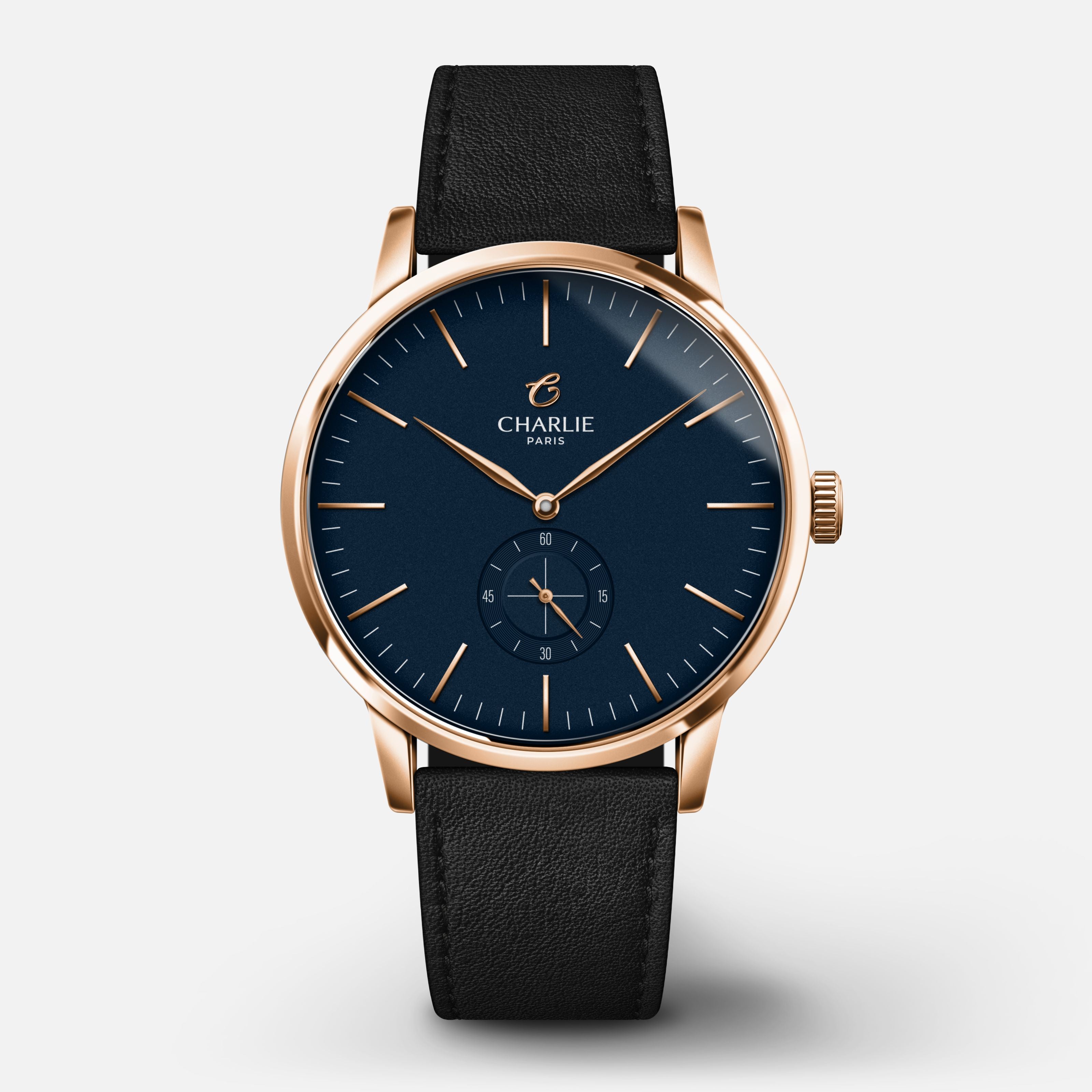 HORIZON - Quartz - Doré rose & bleu Montres CHARLIE Cuir noir