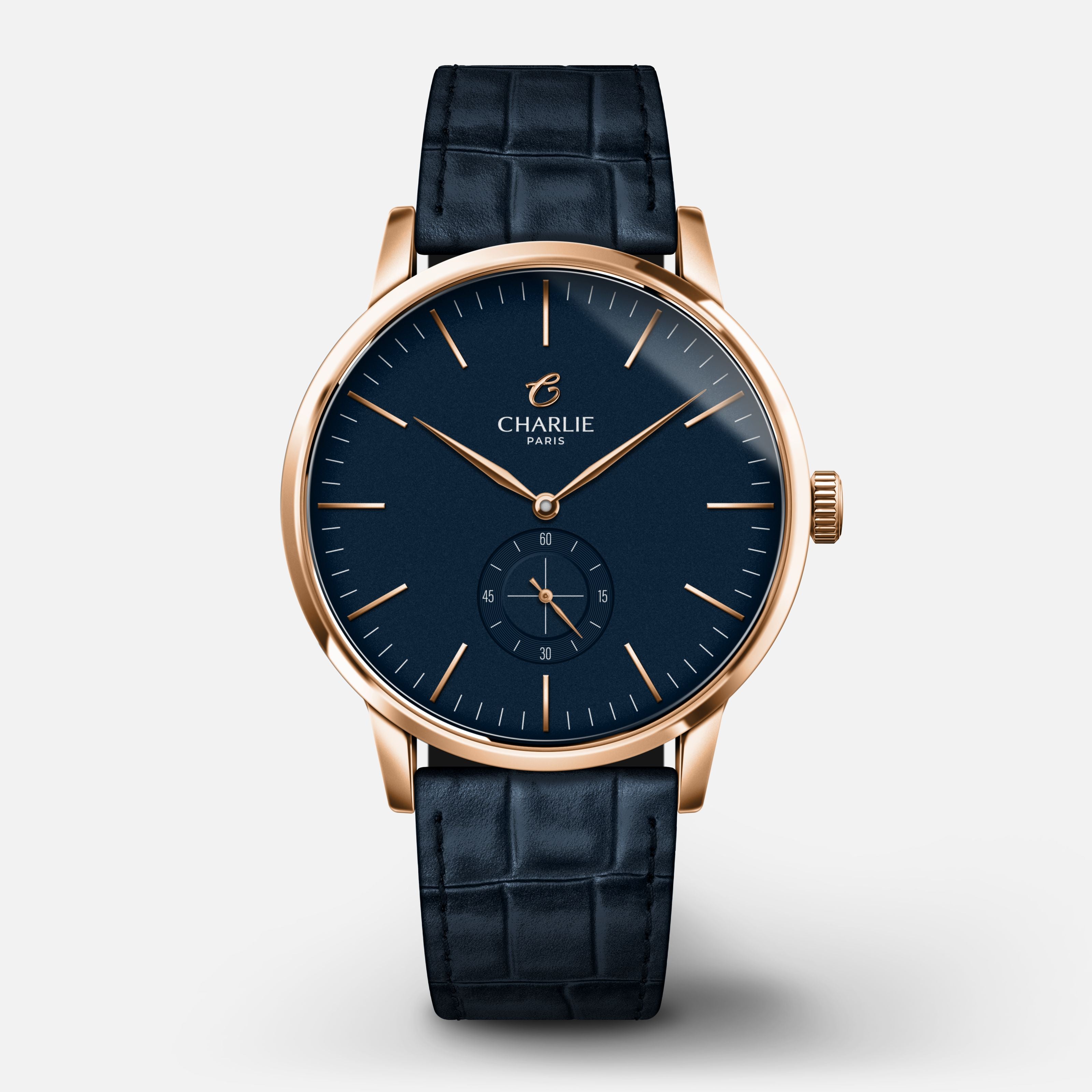HORIZON - Quartz - Doré rose & bleu Montres CHARLIE Cuir crocograin bleu