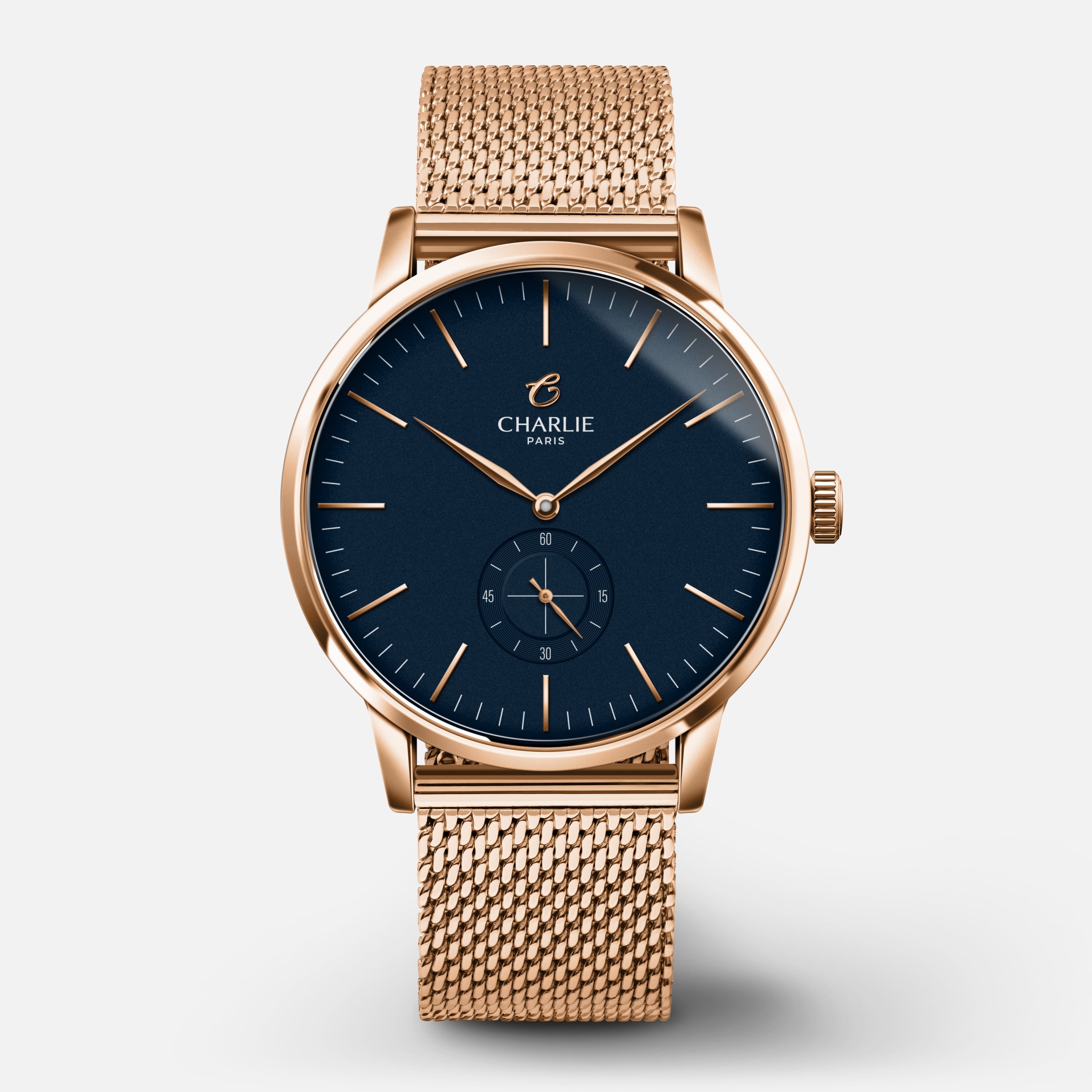 HORIZON - Quartz - Doré rose & bleu Montres CHARLIE Maille milanaise doré
