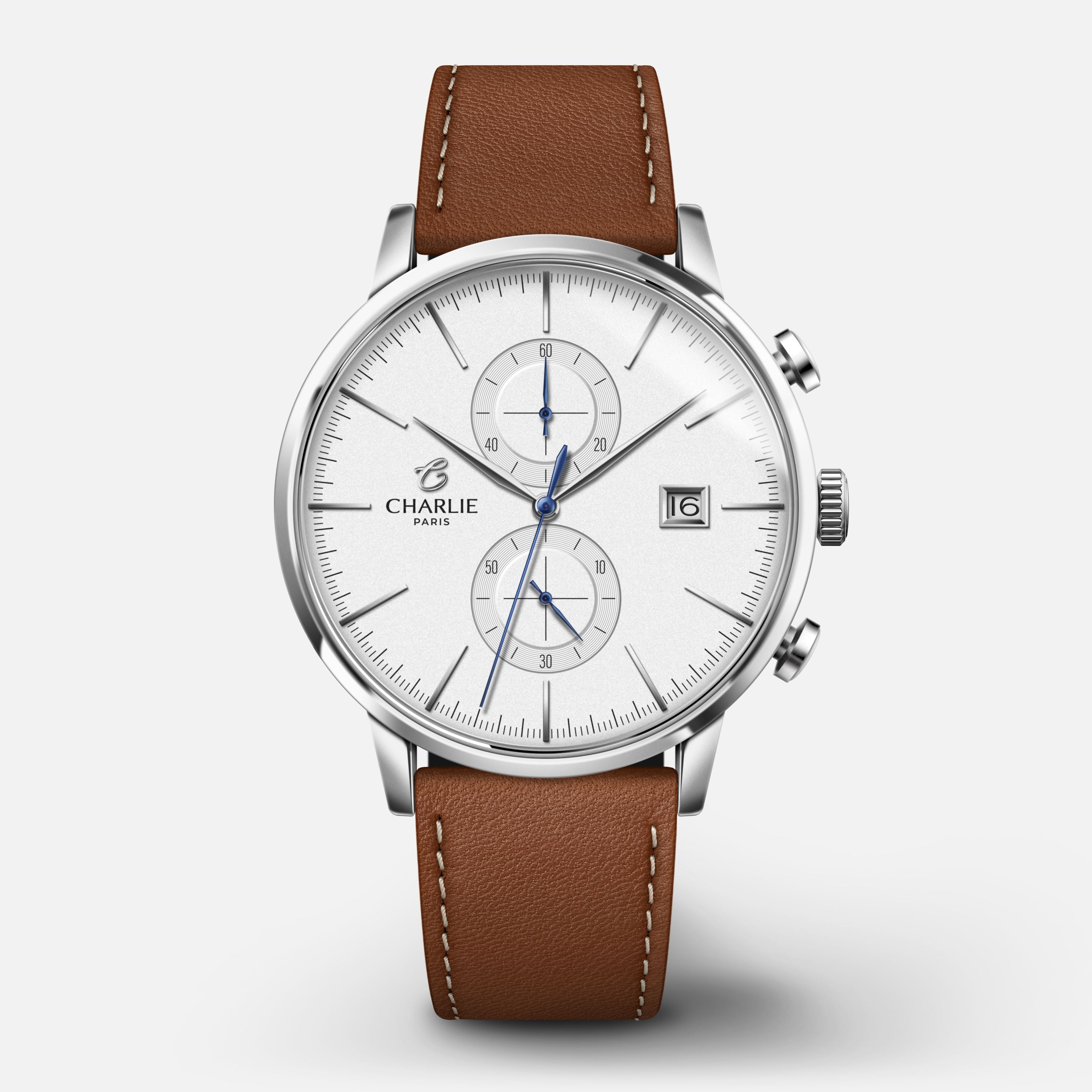 HORIZON - Chronographe - Blanc Montres CHARLIE Cuir marron