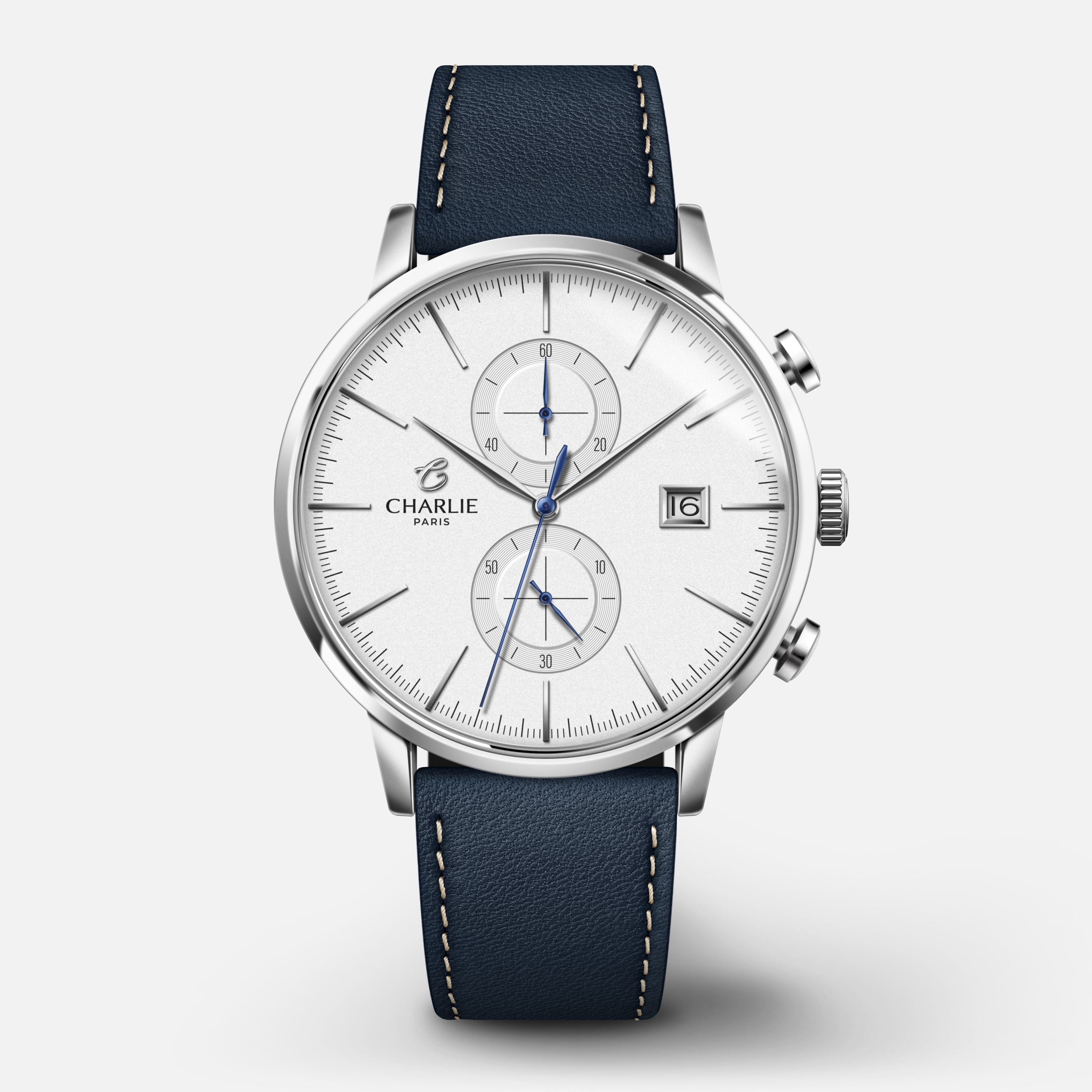 HORIZON - Chronographe - Blanc Montres CHARLIE Cuir bleu