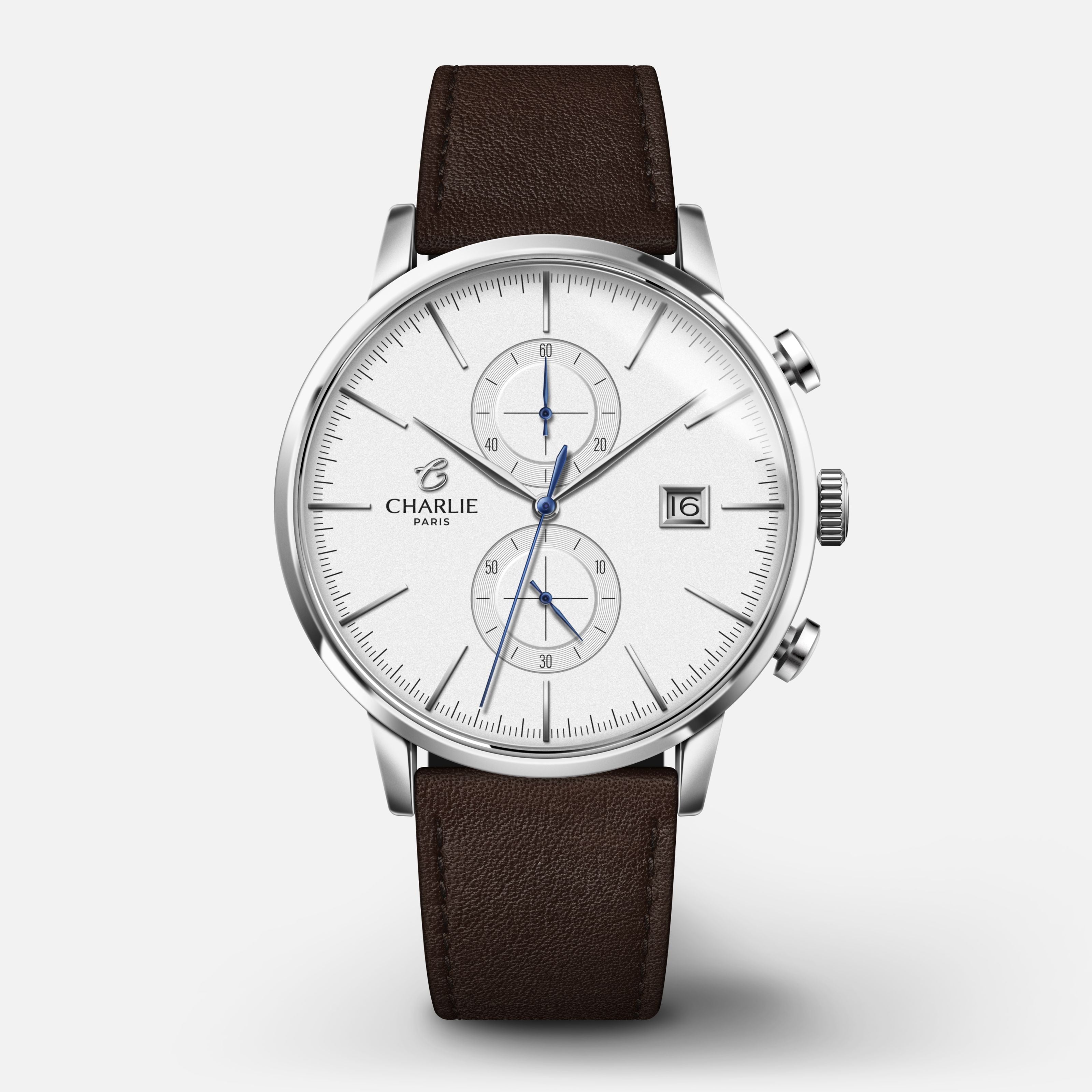 HORIZON - Chronographe - Blanc Montres CHARLIE Cuir chocolat