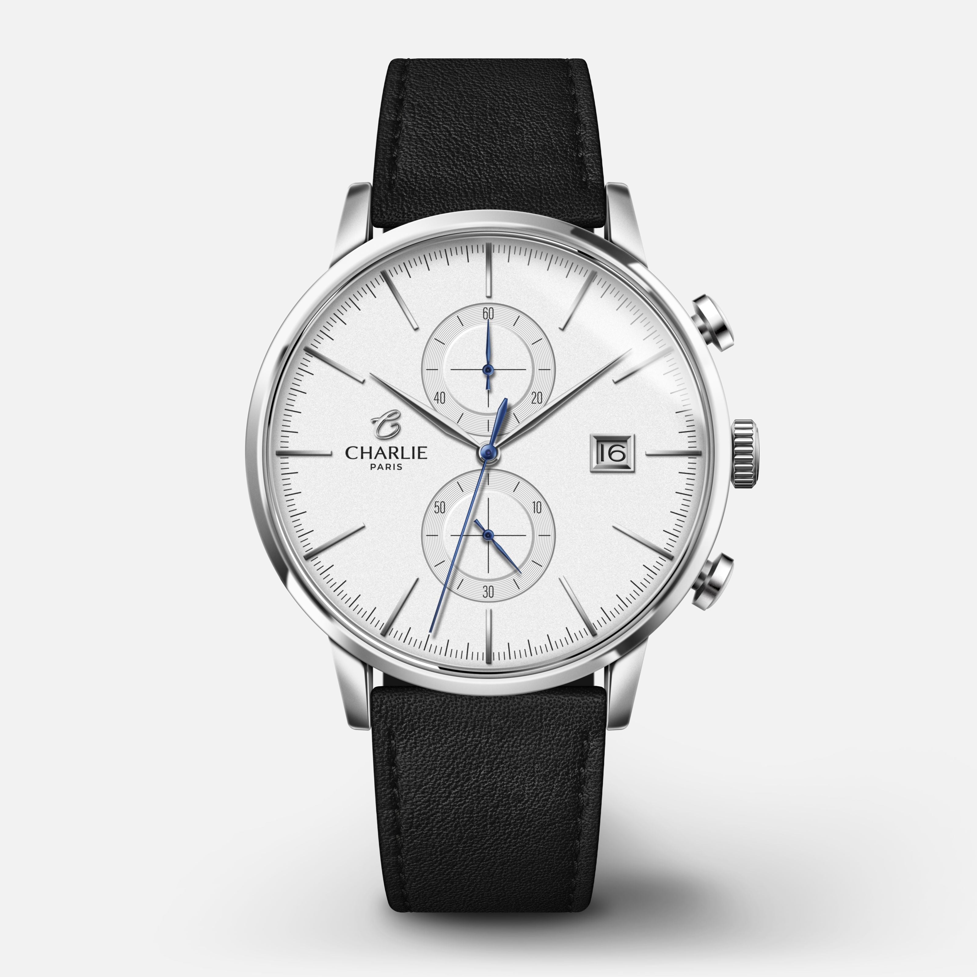 HORIZON - Chronographe - Blanc Montres CHARLIE Cuir noir