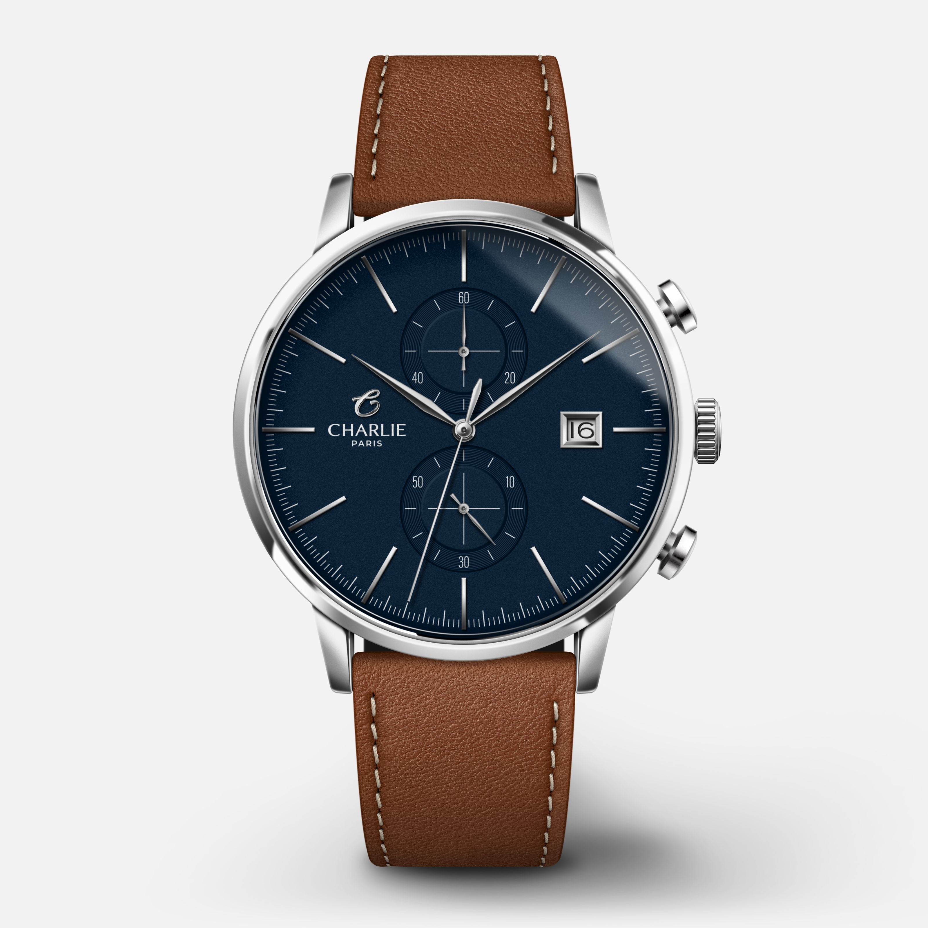 HORIZON - Chronographe - Bleu Montres CHARLIE Cuir marron