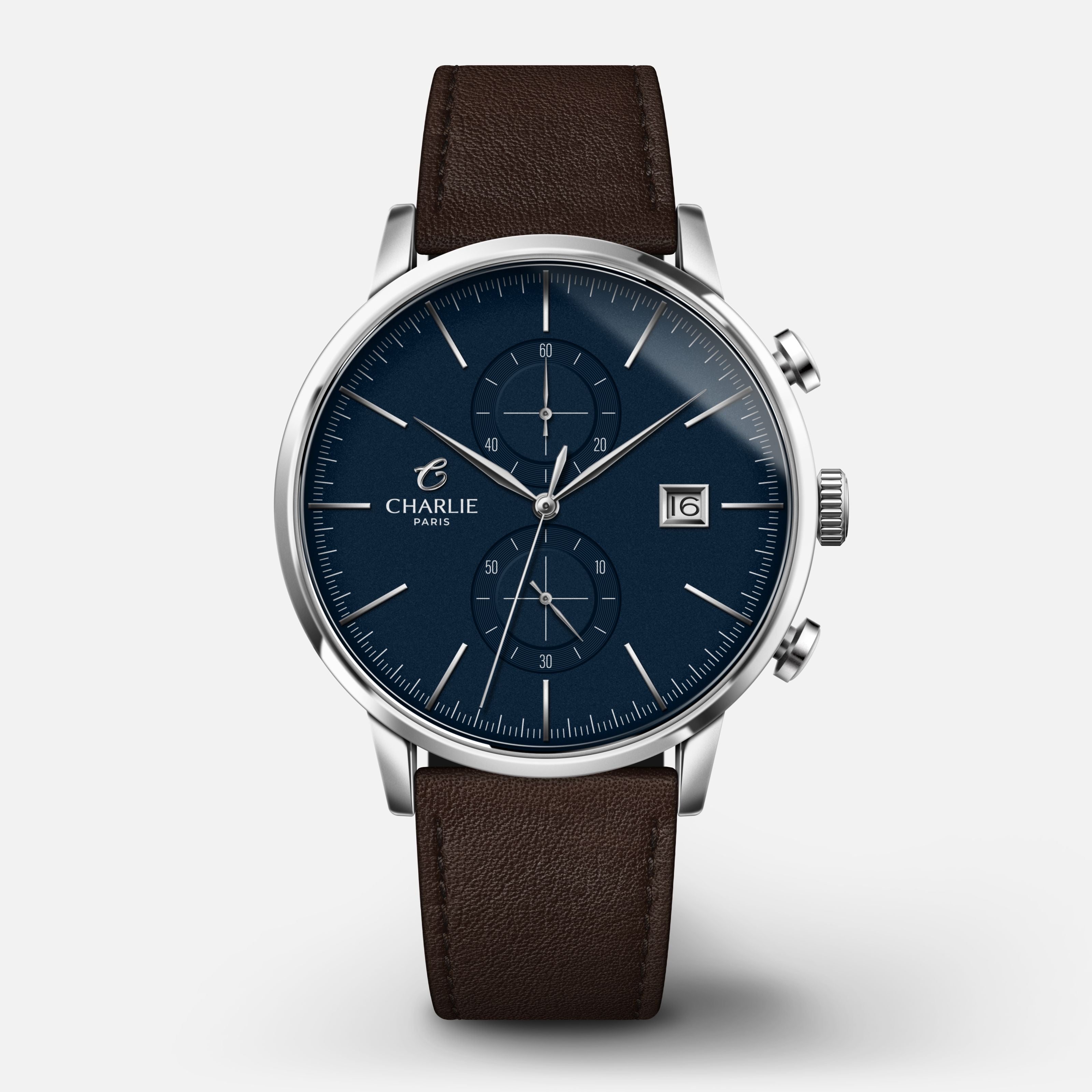 HORIZON - Chronographe - Bleu Montres CHARLIE Cuir chocolat