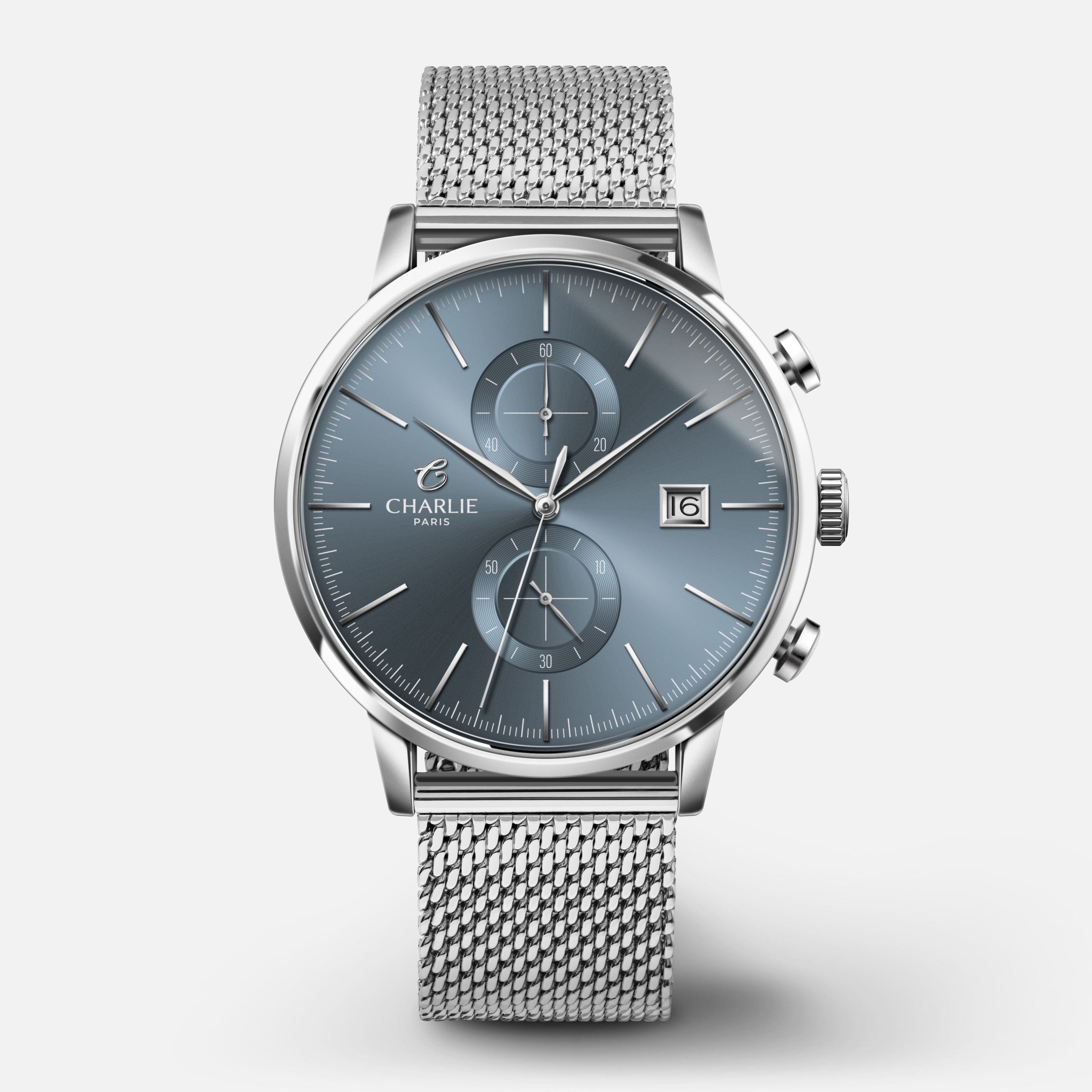 HORIZON - Chronographe - Iced blue Montres CHARLIE Maille milanaise acier
