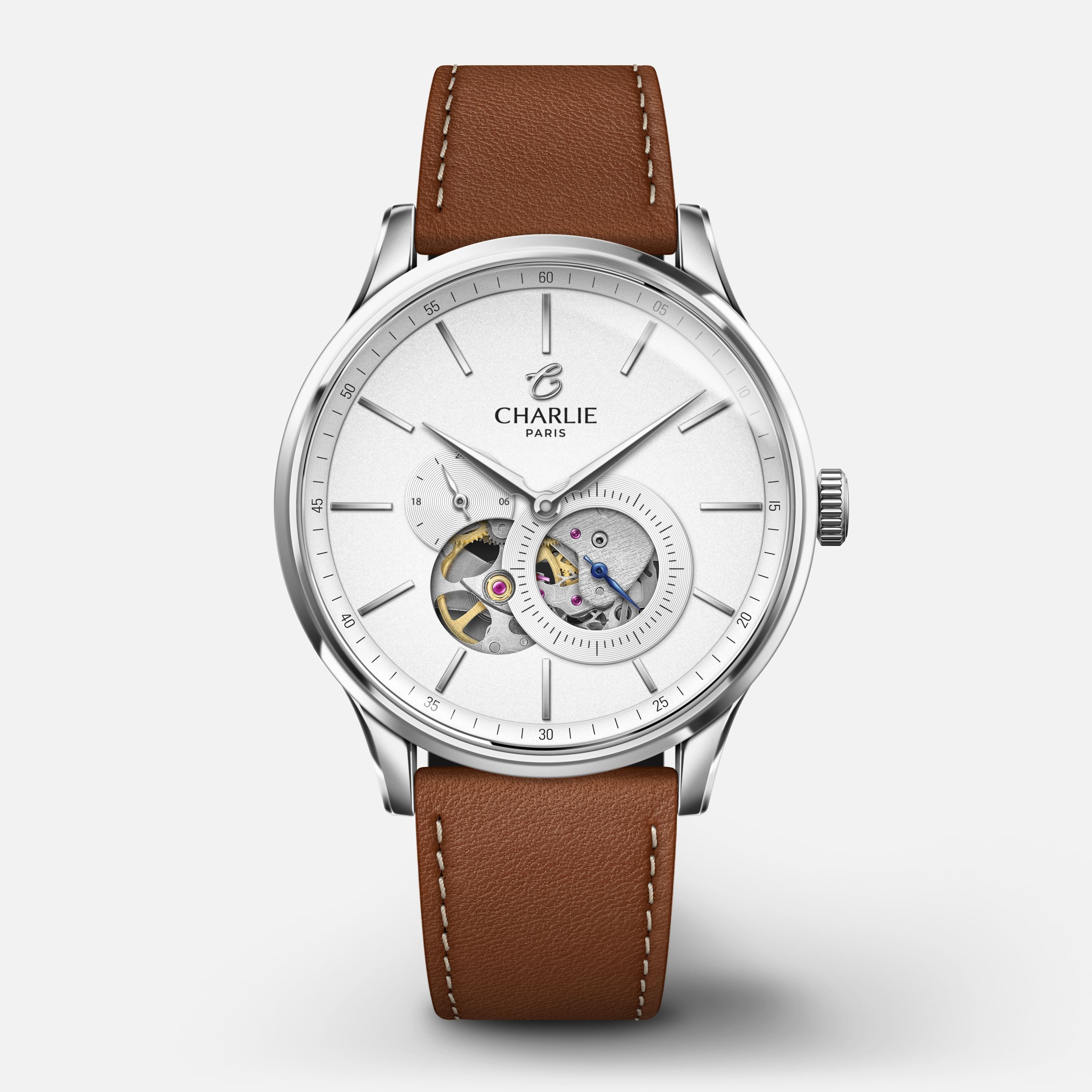 INITIAL - Automatique Cœur Ouvert - Blanc Montres CHARLIE Cuir marron