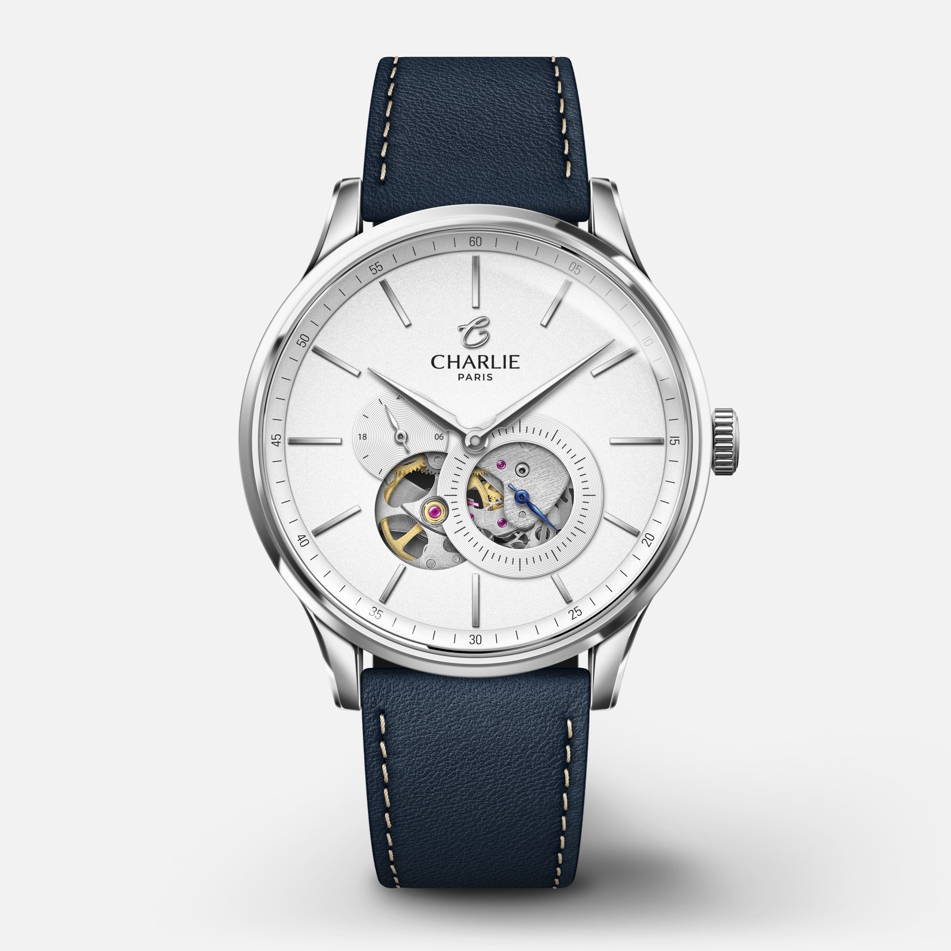 INITIAL - Automatique Cœur Ouvert - Blanc Montres CHARLIE Cuir bleu